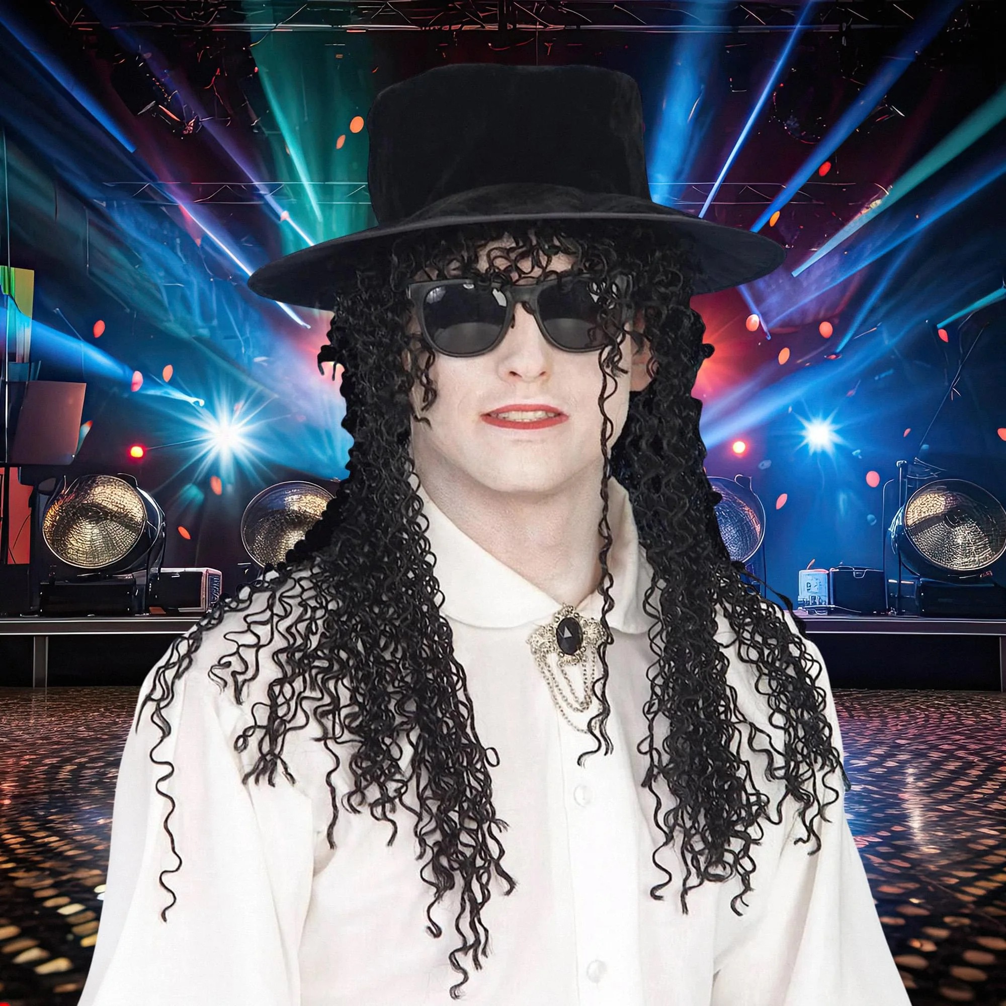 80's Adult Hat And Black Long Curly Costume Wig - Image 3
