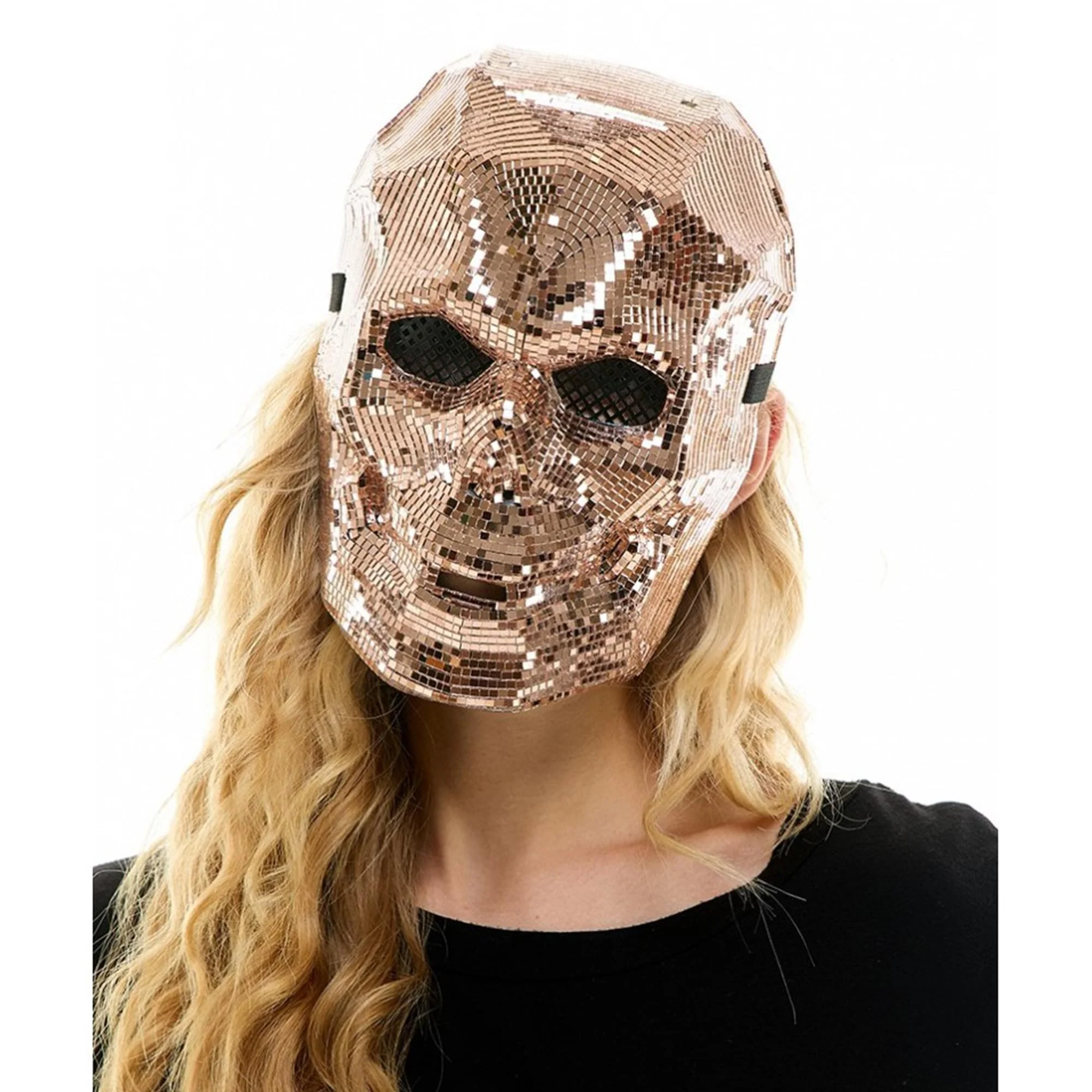 Bedazzled Rose Gold Mirror Skull Mask Adult Costume Accessory - Image 3