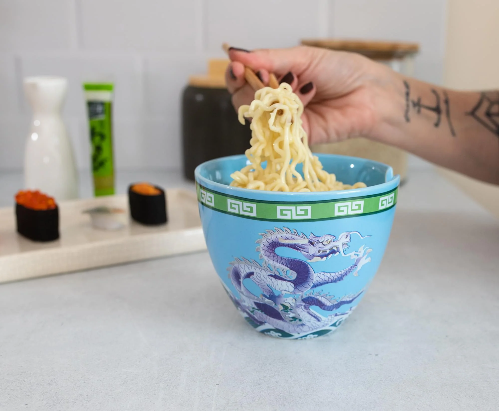 Bowl Bop Blue Dragons Japanese Dinnerware Set | 16-Ounce Ramen Bowl, Chopsticks - Image 4