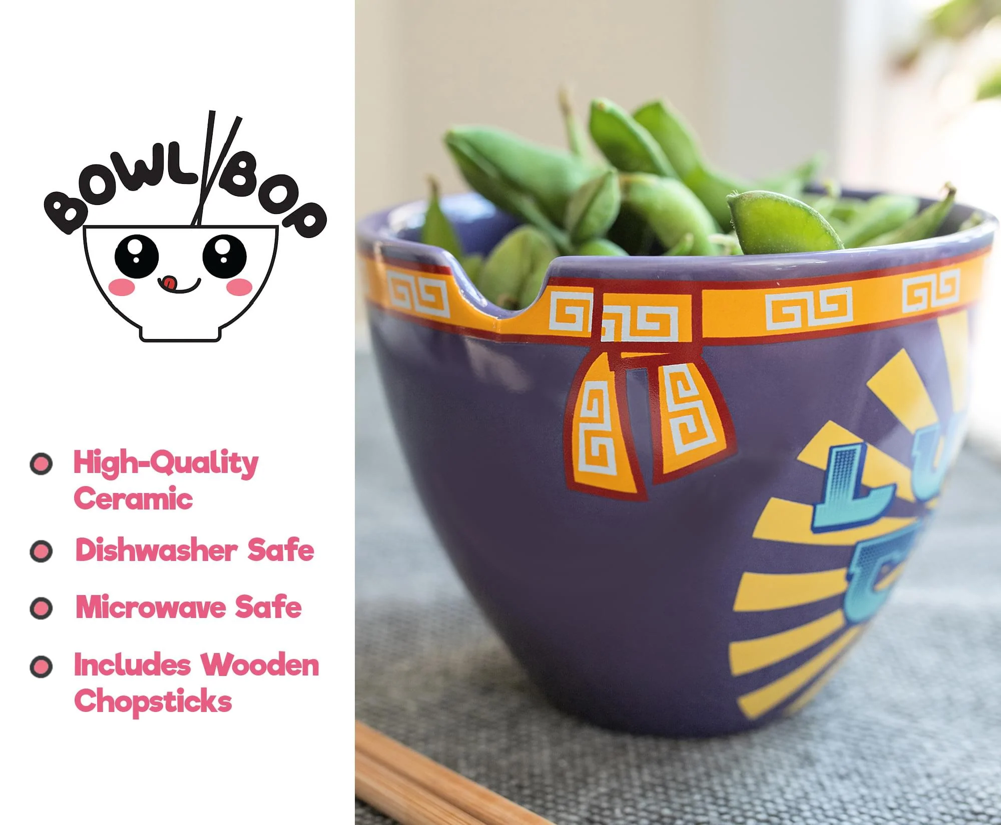 Bowl Bop Purple Lucky Cat Japanese Dinner Set | 16-Ounce Ramen Bowl, Chopsticks - Image 3