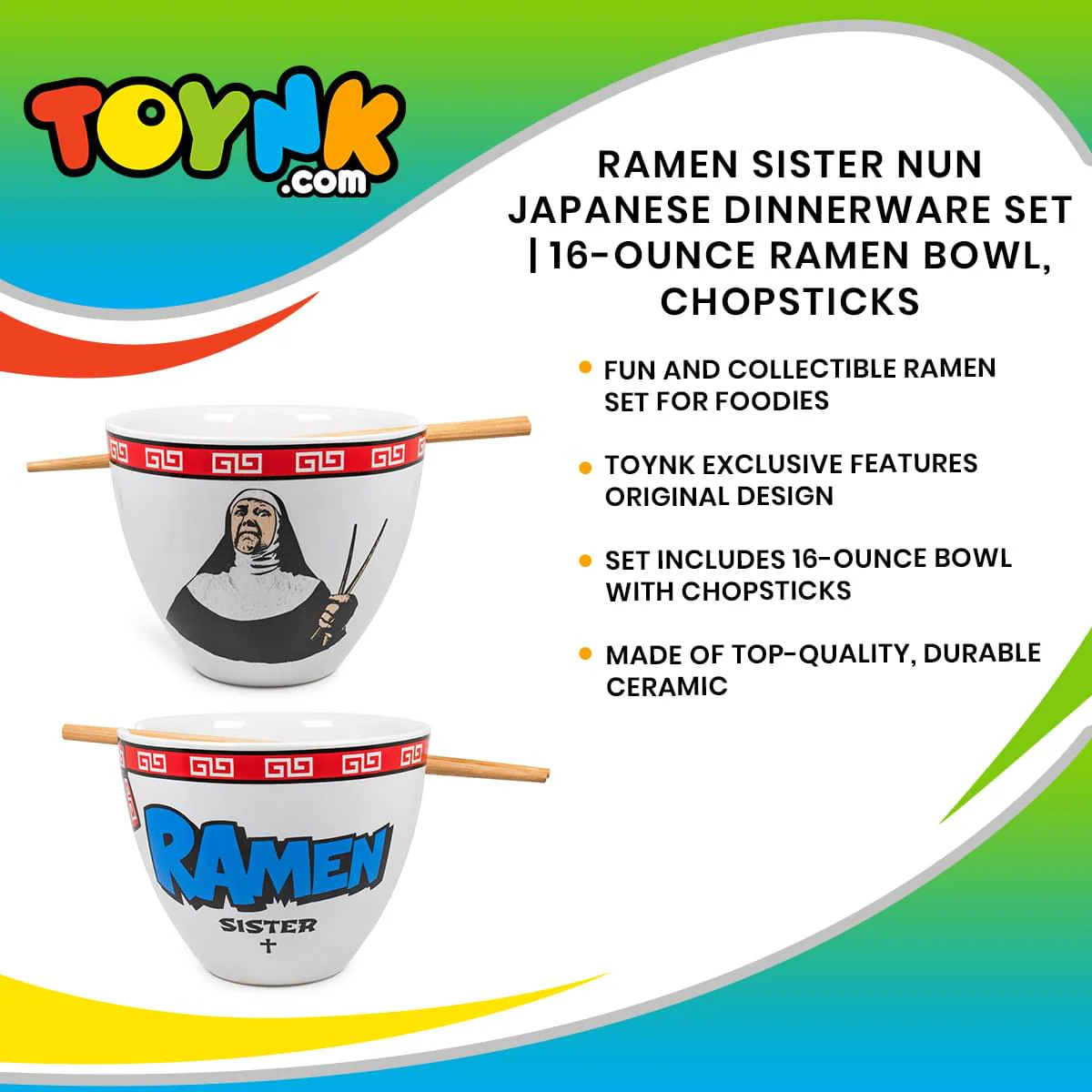 Bowl Bop Ramen Sister Nun Japanese Dinner Set | 16-Ounce Ramen Bowl, Chopsticks - Image 7
