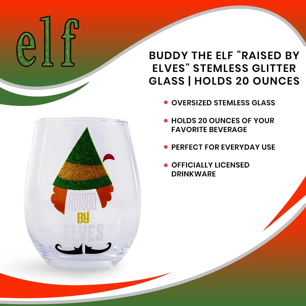 Buddy the Elf "Raised By Elves" Stemless Glitter Glass | Holds 20 Ounces - Image 7