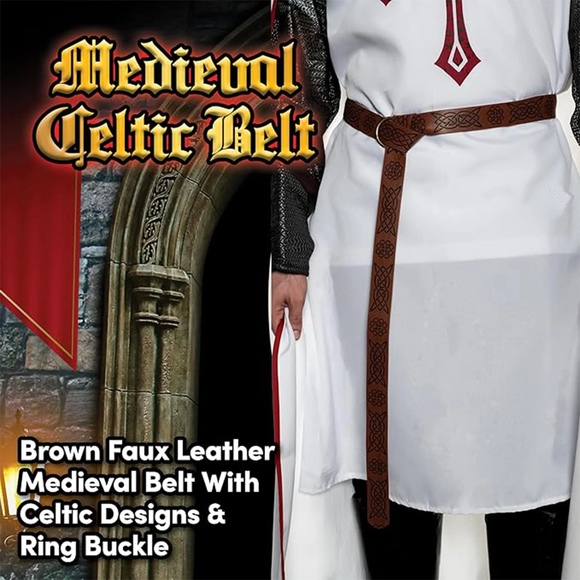 Celtic Medieval Brown Faux Leather Belt Adult Costume Accessory - Image 2