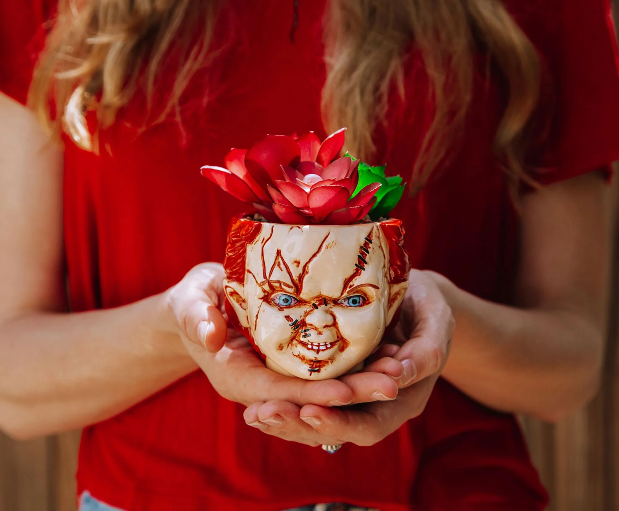 Child's Play Chucky 3-Inch Ceramic Mini Planter with Artificial Succulent - Image 2