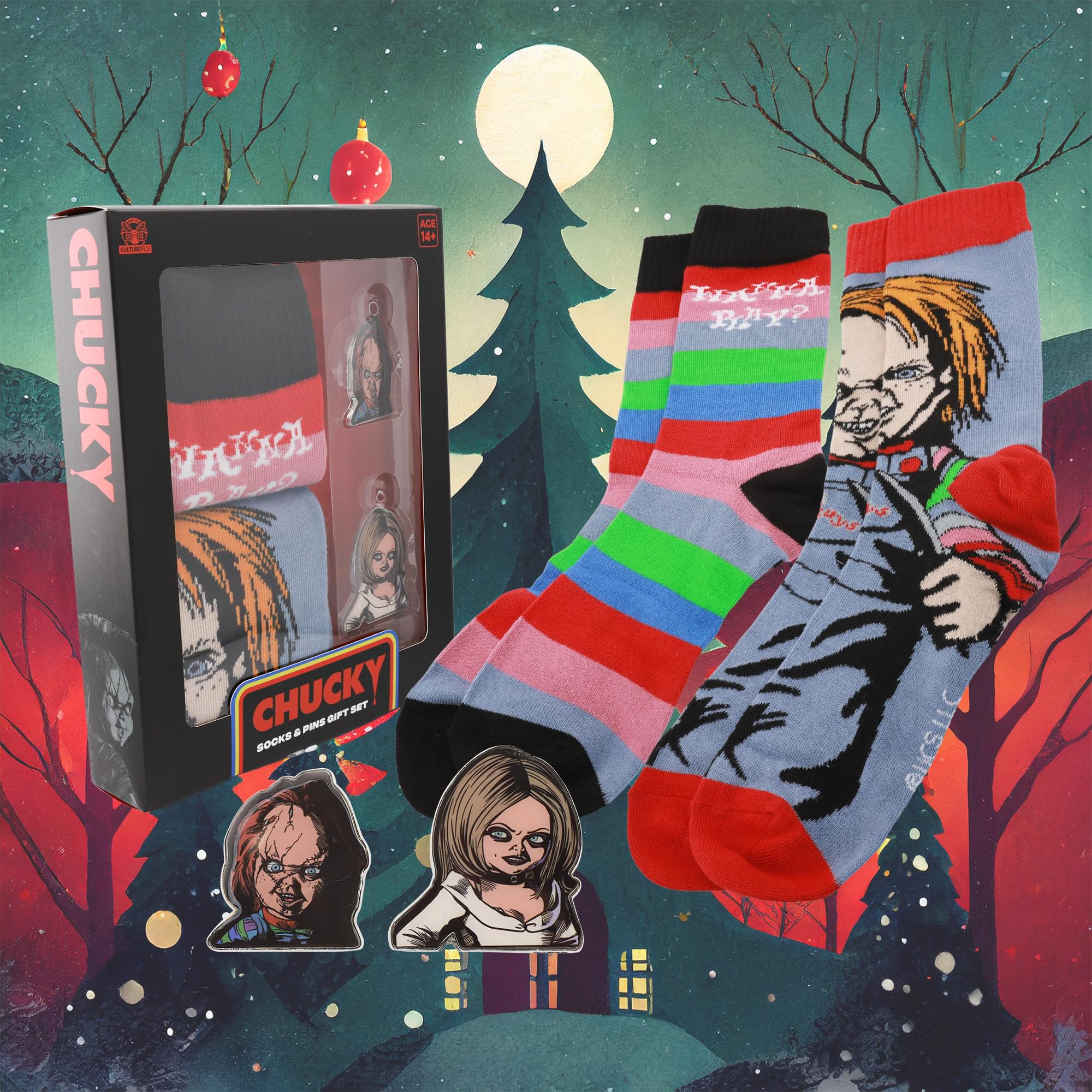 Child's Play Chucky and Tiffany Enamel Pins and Sock Bundle - Image 2