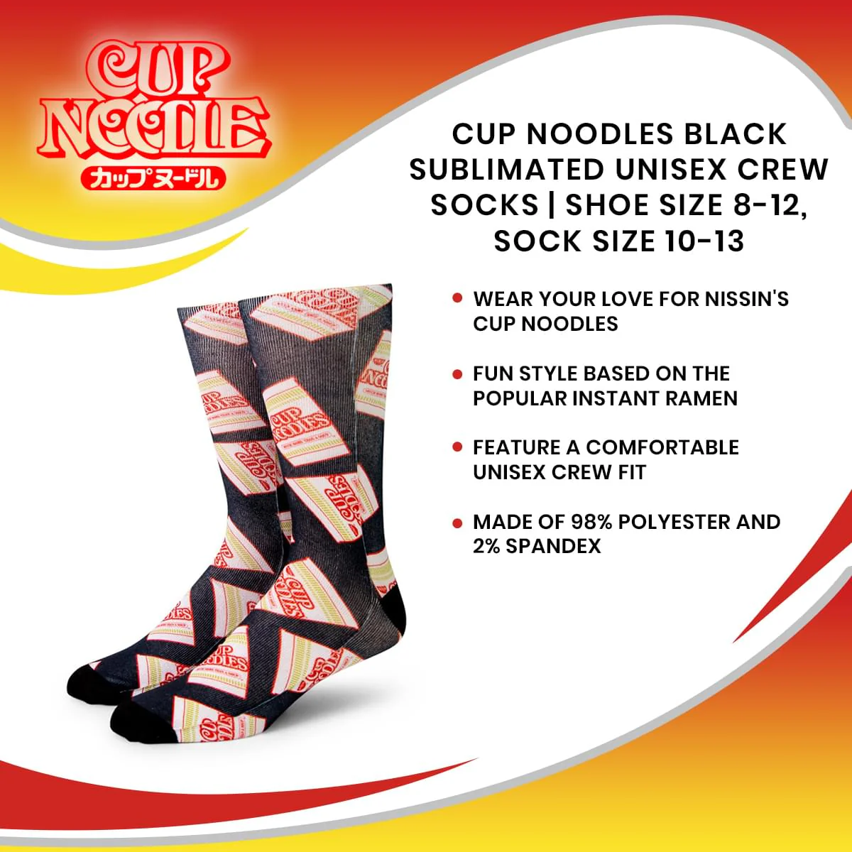 Cup Noodles Black Sublimated Unisex Crew Socks | Shoe Size 8-12, Sock Size 10-13 - Image 7