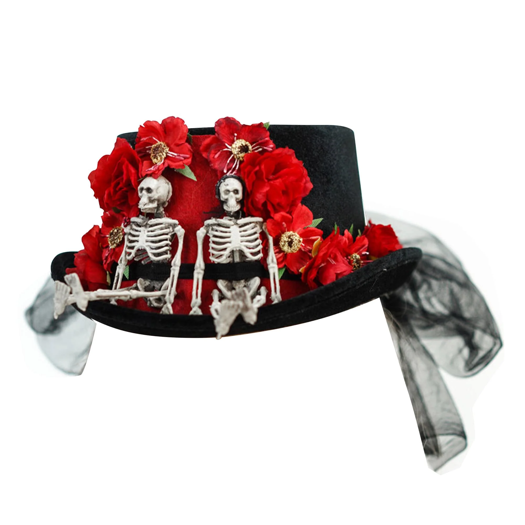 Day of the Dead Skeleton Couple Adult Costume Top Hat with Red Roses - Image 2