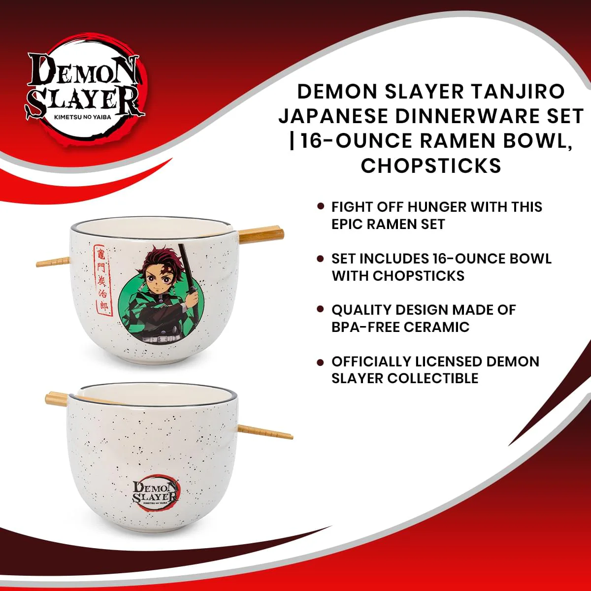Demon Slayer Tanjiro Japanese Dinnerware Set | 16-Ounce Ramen Bowl, Chopsticks - Image 7