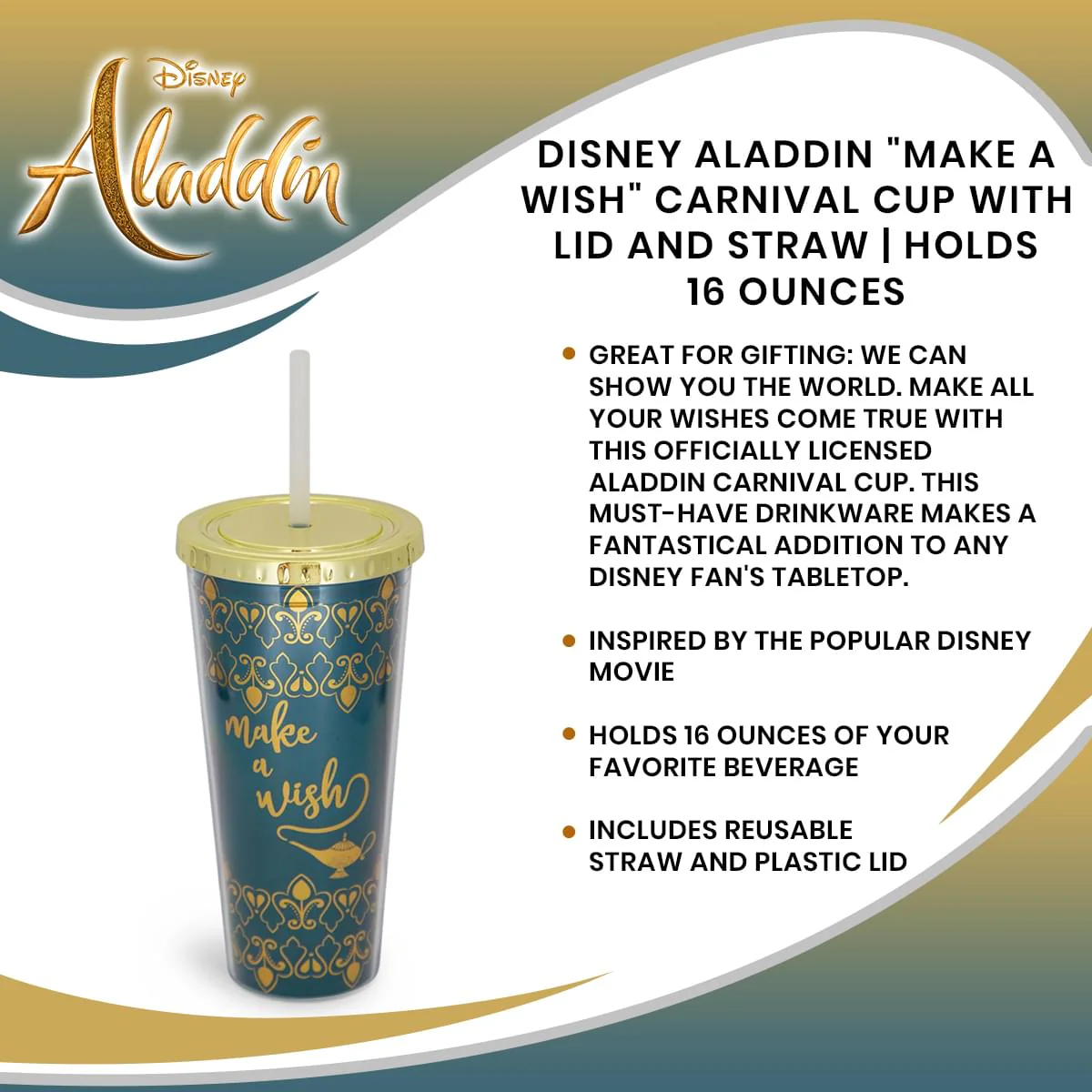 Disney Aladdin "Make A Wish" Reusable Carnival Cup with Lid and Straw | Holds 16 Ounces - Image 7