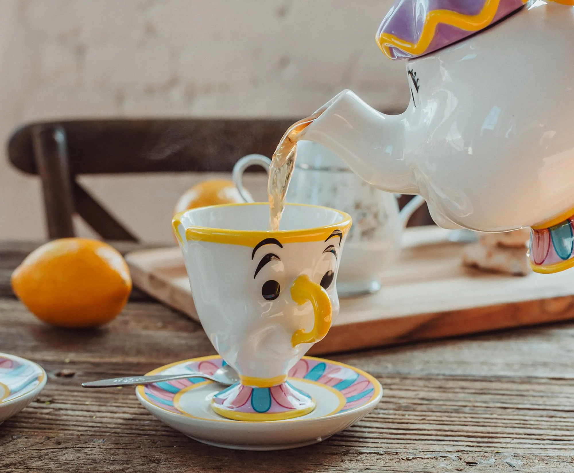 Disney Beauty and the Beast Mrs. Potts Teapot Set With 2 Chip Cups and Saucers - Image 6