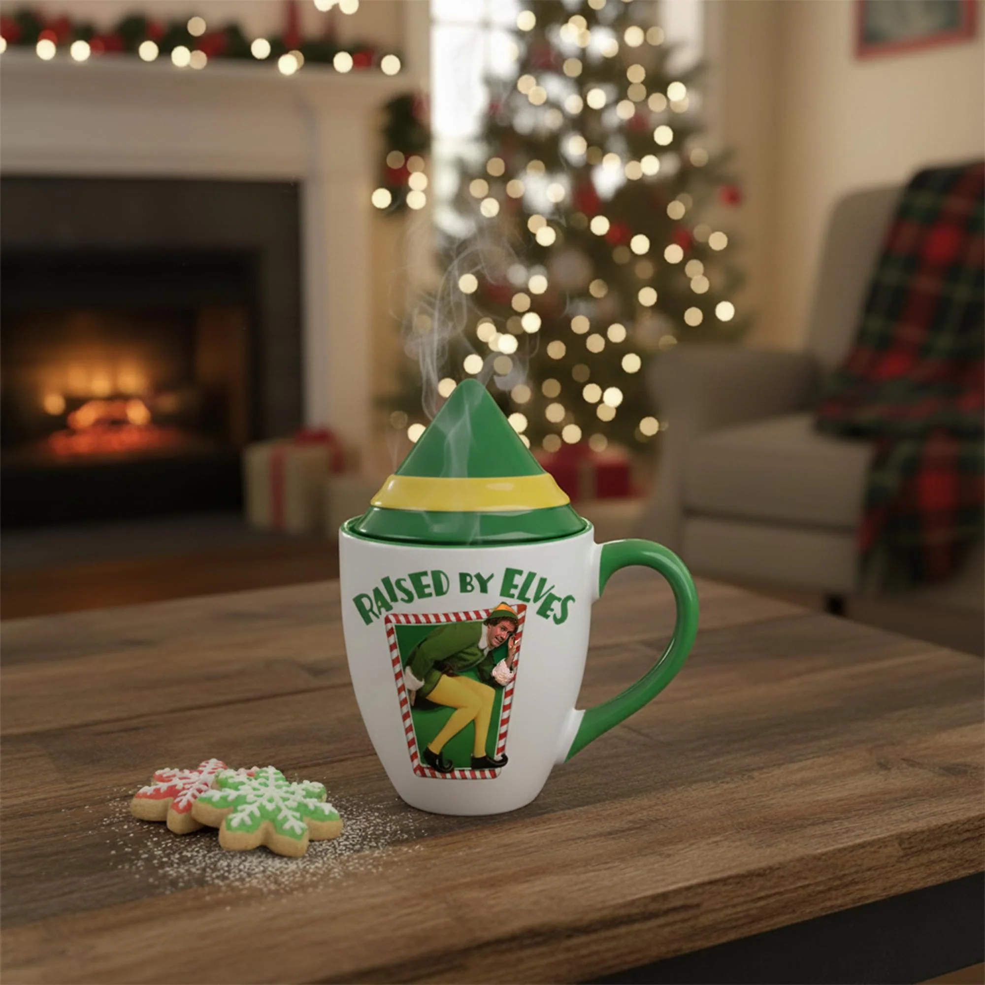 Elf "Raised BY Elves" 16 Ounce Ceramic Mug With Lid - Image 4