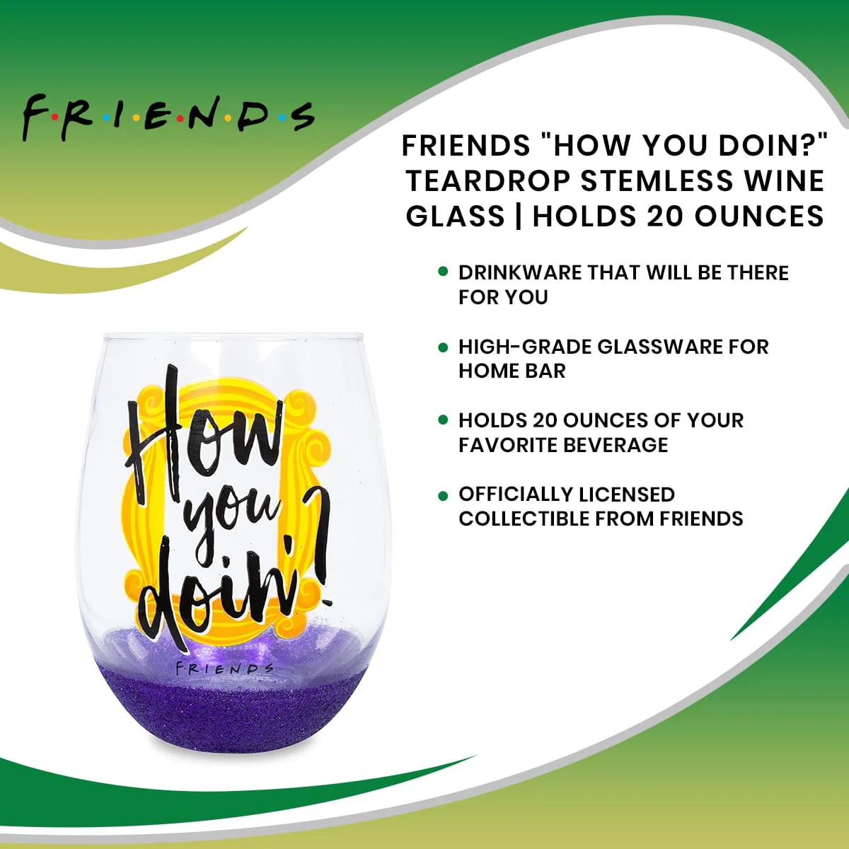 Friends "How You Doin?" Teardrop Stemless Wine Glass | Holds 20 Ounces - Image 7
