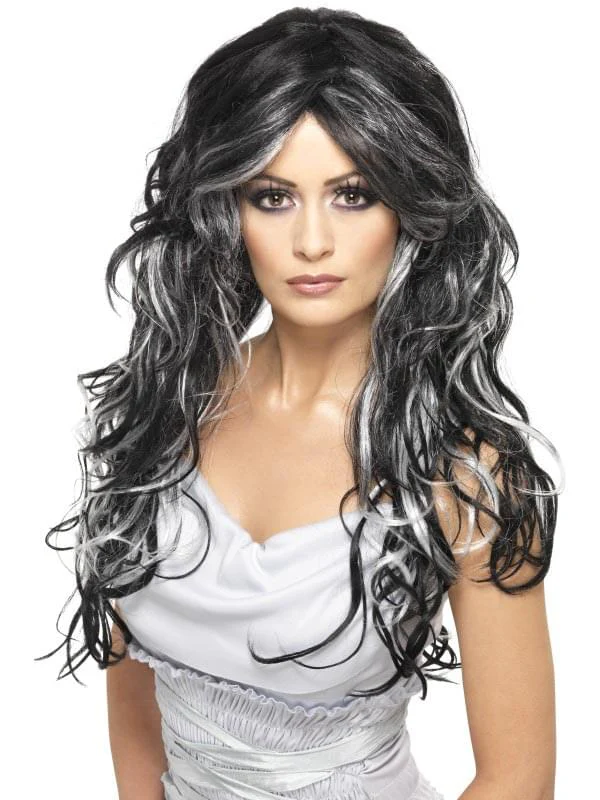 Gothic Bride Grey And Black Streaked Costume Wig