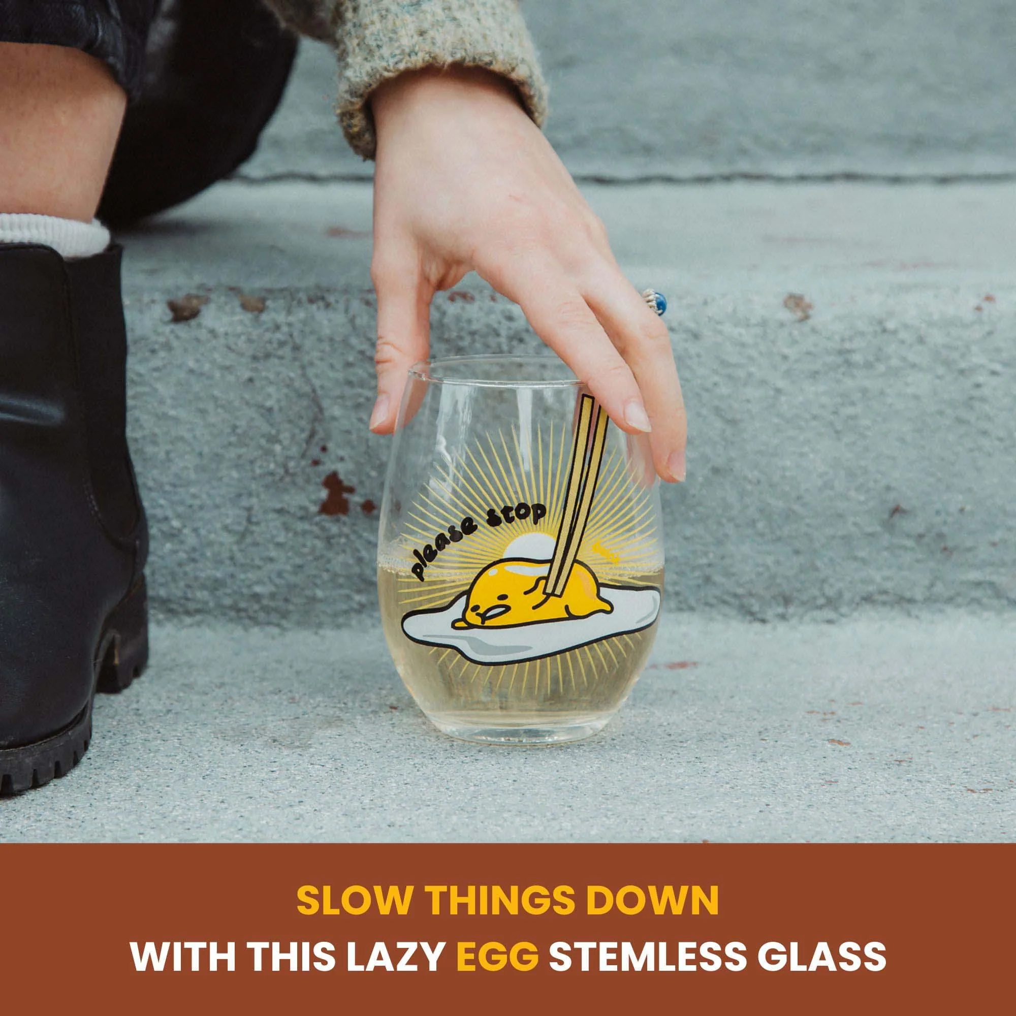 Sanrio Gudetama "Please Stop" Teardrop Stemless Wine Glass | Holds 20 Ounces - Image 3