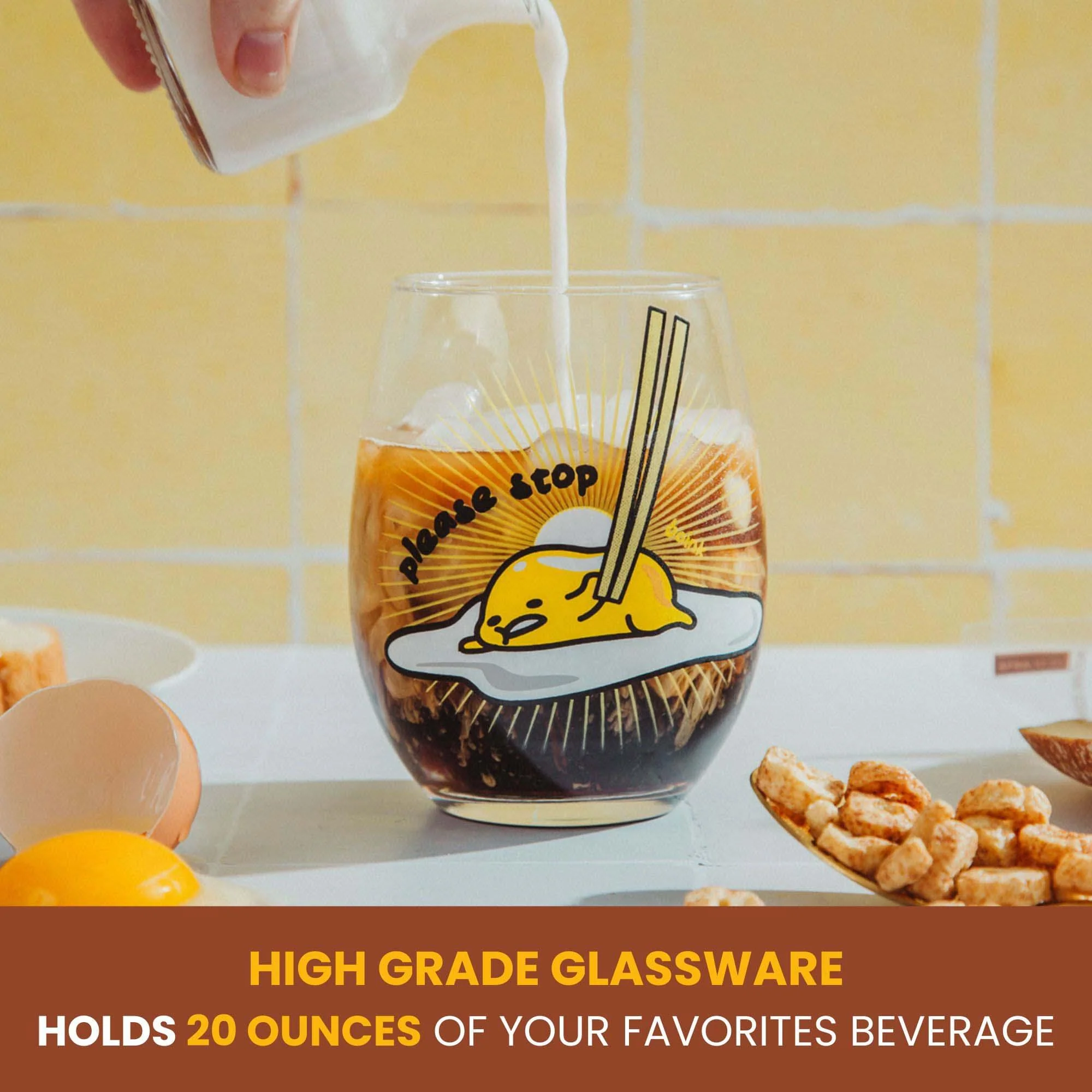 Sanrio Gudetama "Please Stop" Teardrop Stemless Wine Glass | Holds 20 Ounces - Image 4