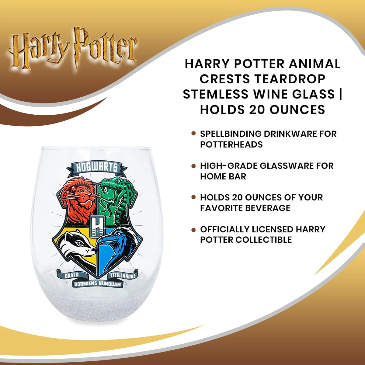 Harry Potter Animal Crests Teardrop Stemless Wine Glass | Holds 20 Ounces - Image 7