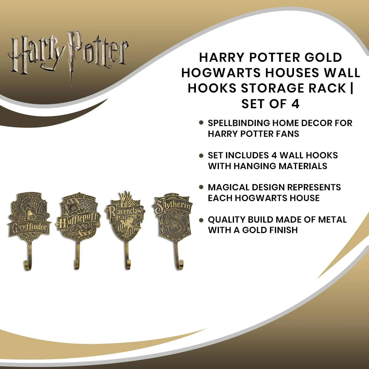 Harry Potter Gold Hogwarts Houses Wall Hooks Storage Rack | Set of 4 - Image 7