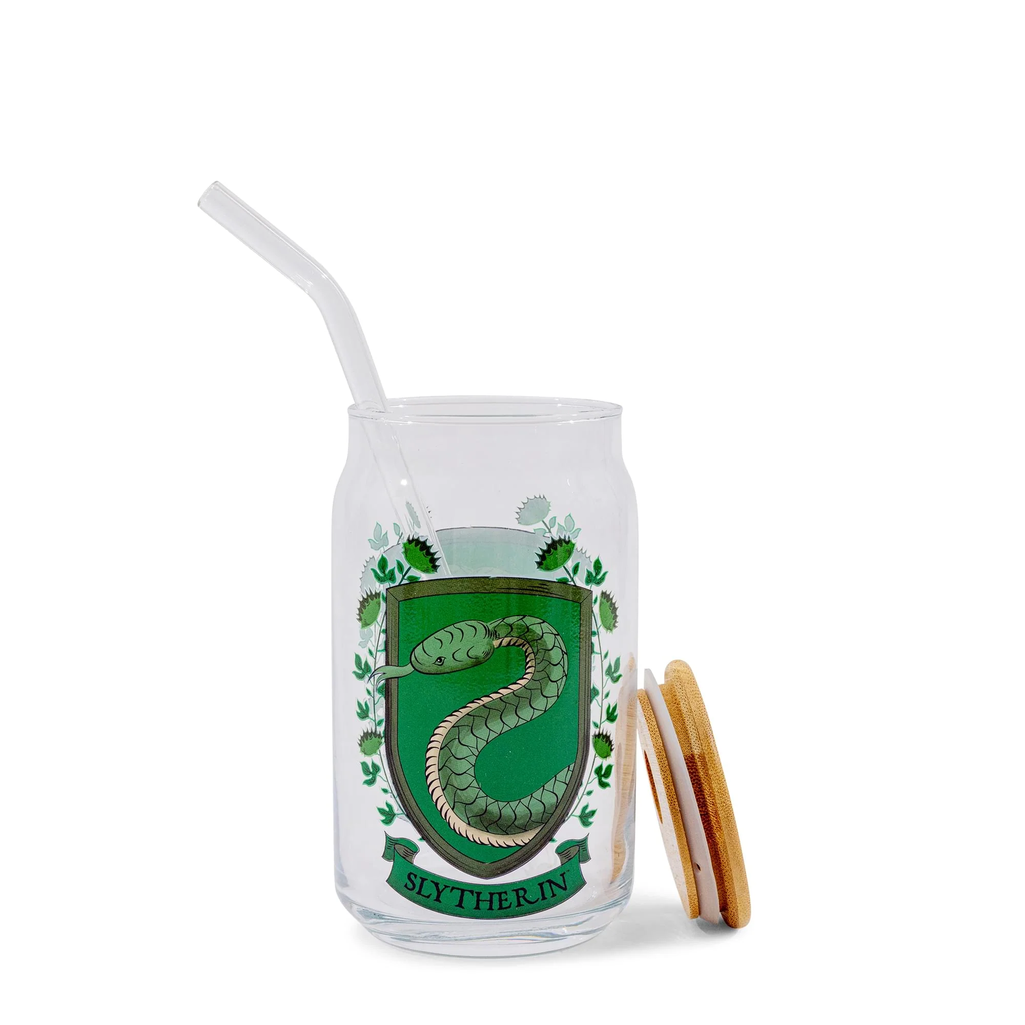 Harry Potter Slytherin House Mascot Glass Tumbler With Bamboo Lid and Straw - Image 3