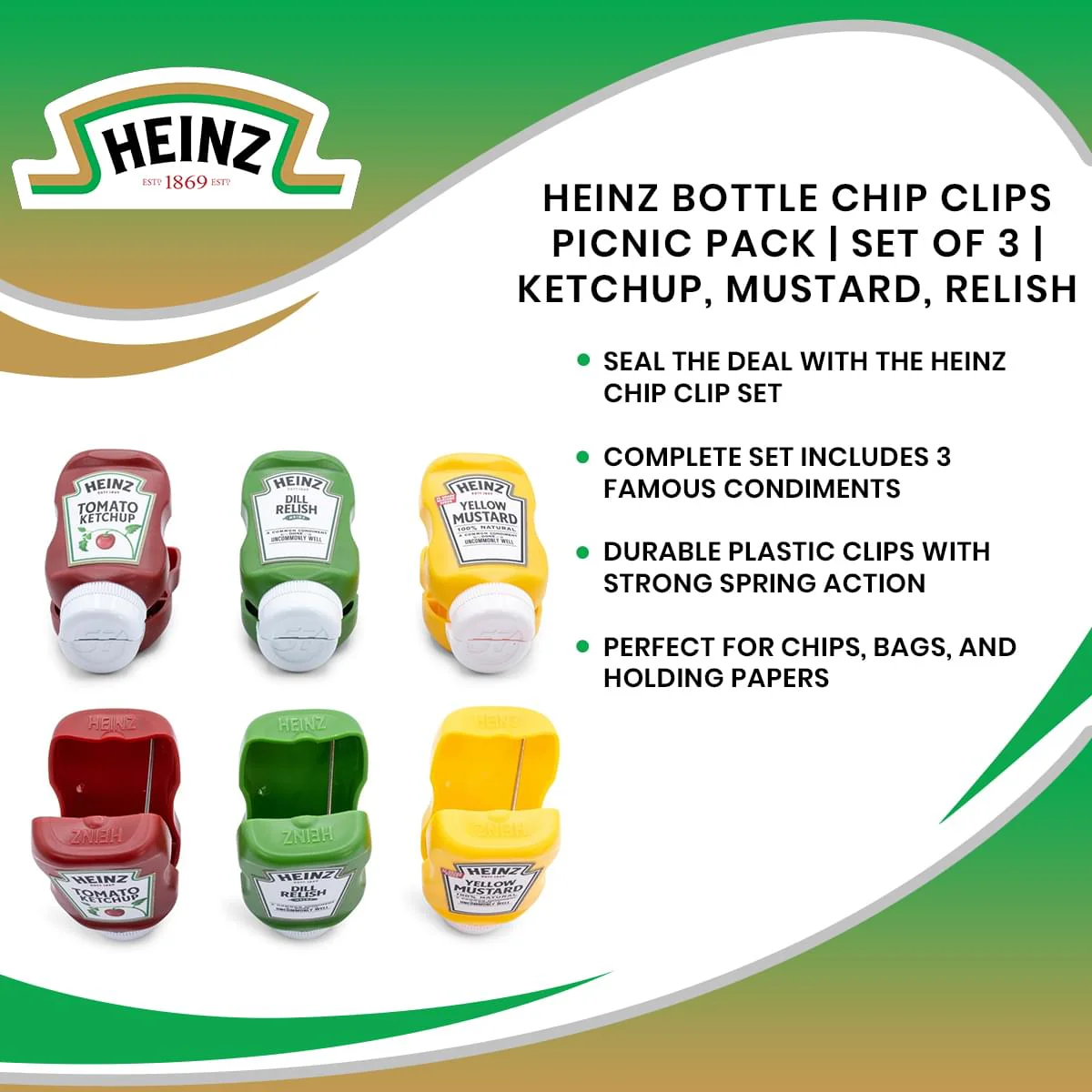 Heinz Bottle Chip Clips Picnic Pack | Set of 3 | Ketchup, Mustard, Relish - Image 7