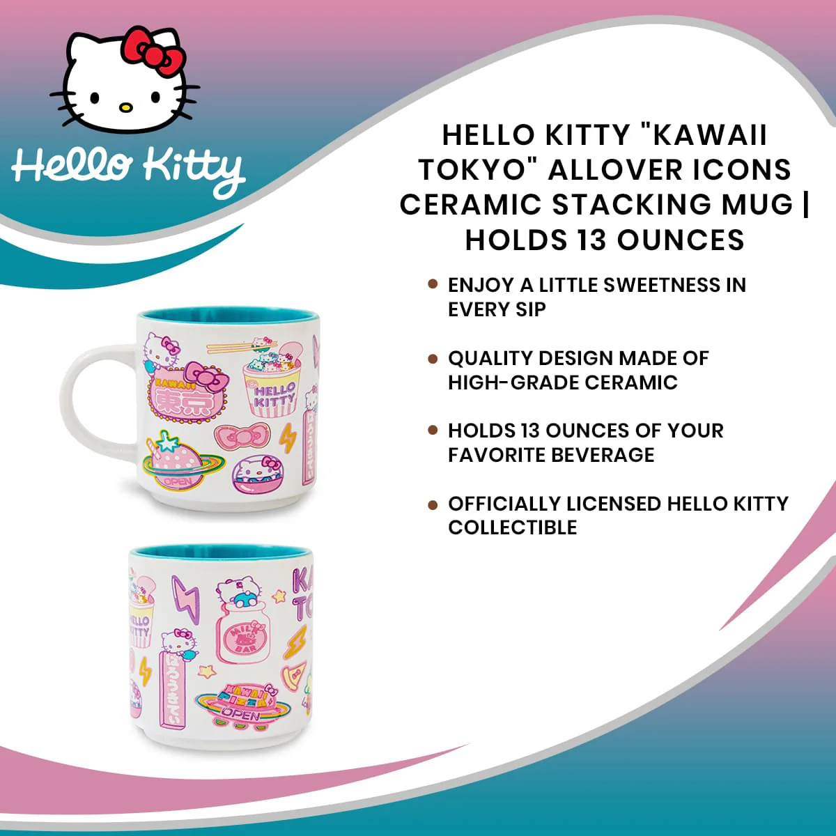 Hello Kitty "Kawaii Tokyo" Allover Icons Ceramic Stacking Mug | Holds 13 Ounces - Image 7