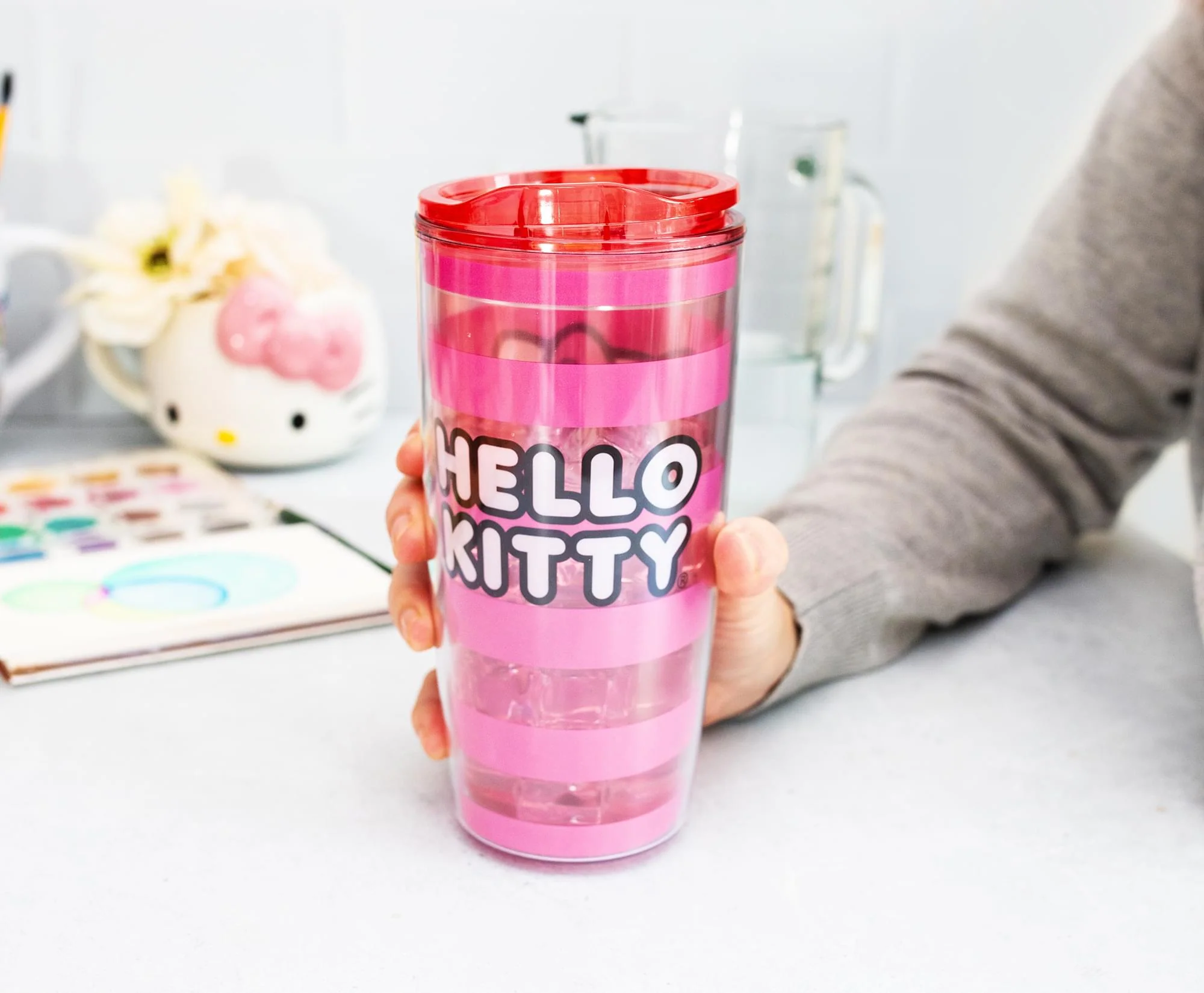 Sanrio Hello Kitty Pink Stripes Travel Tumbler with Slide Close Lid | 20 Ounces - Image 5
