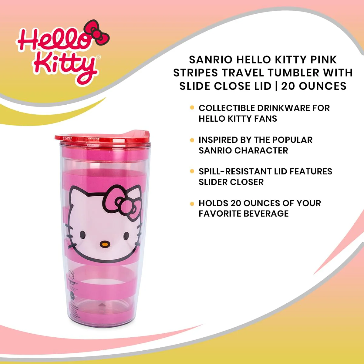 Sanrio Hello Kitty Pink Stripes Travel Tumbler with Slide Close Lid | 20 Ounces - Image 7
