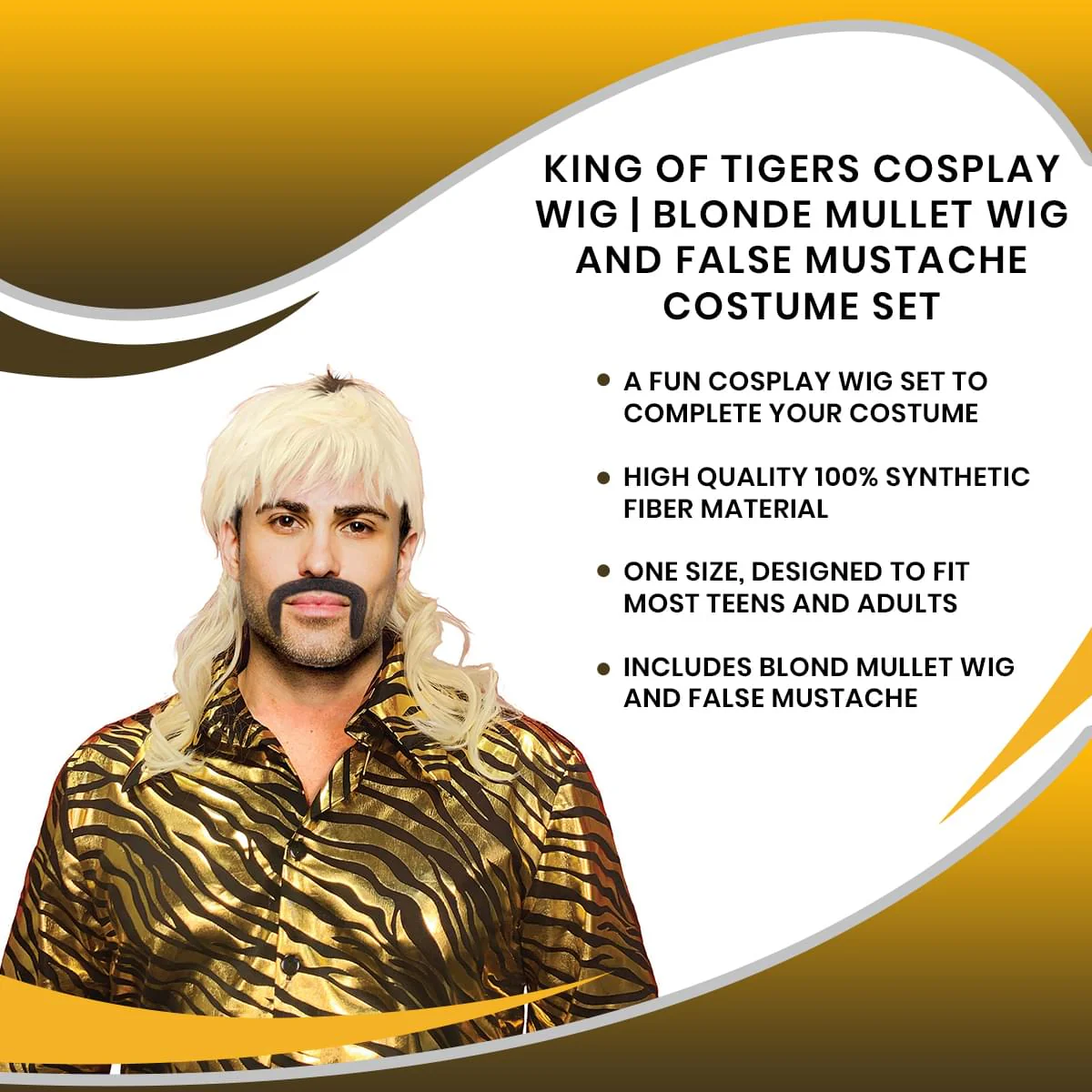 King of Tigers Cosplay Wig | Blonde Mullet Wig and False Mustache Costume Set - Image 2