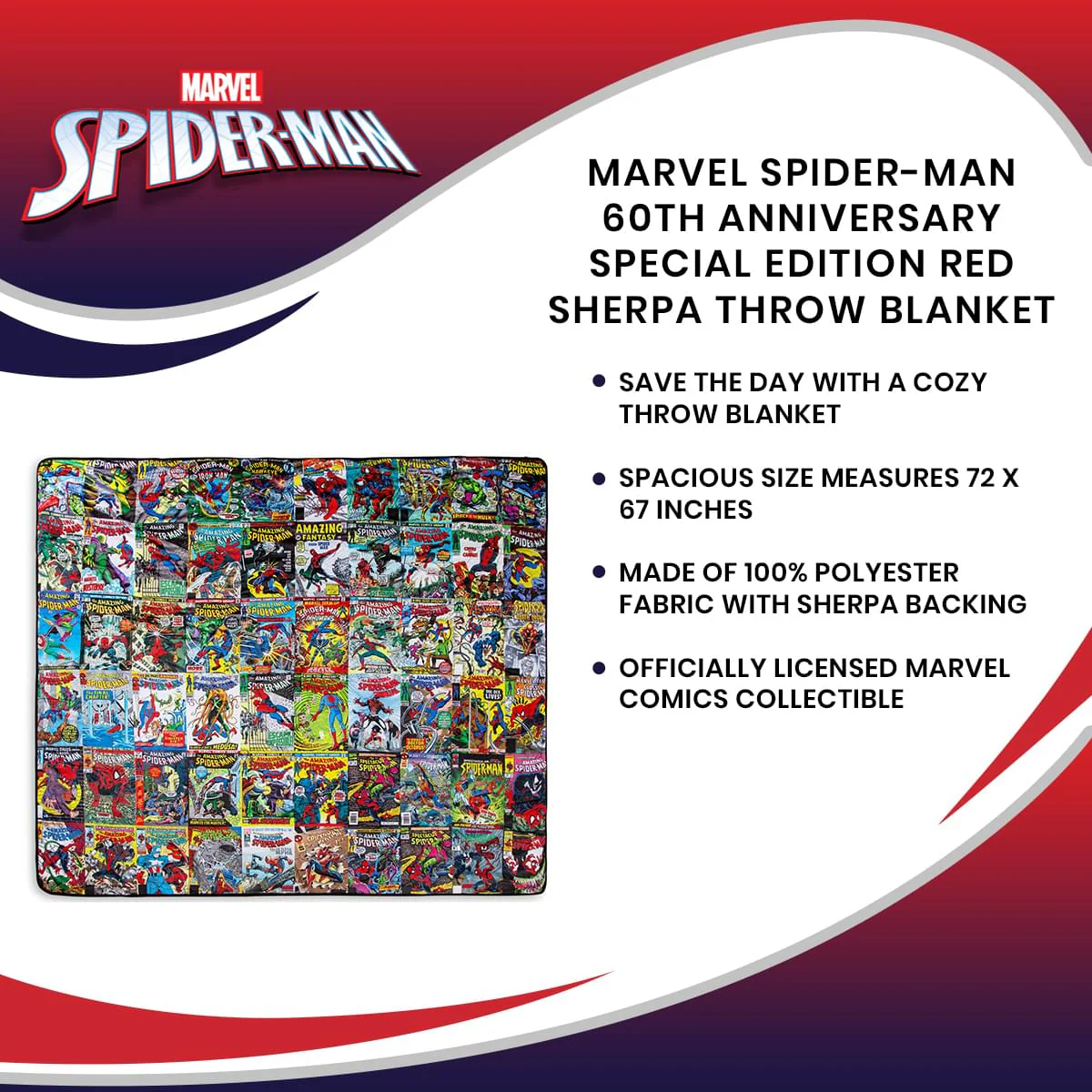 Marvel Spider-Man 60th Anniversary Special Edition Red Sherpa Throw Blanket - Image 7
