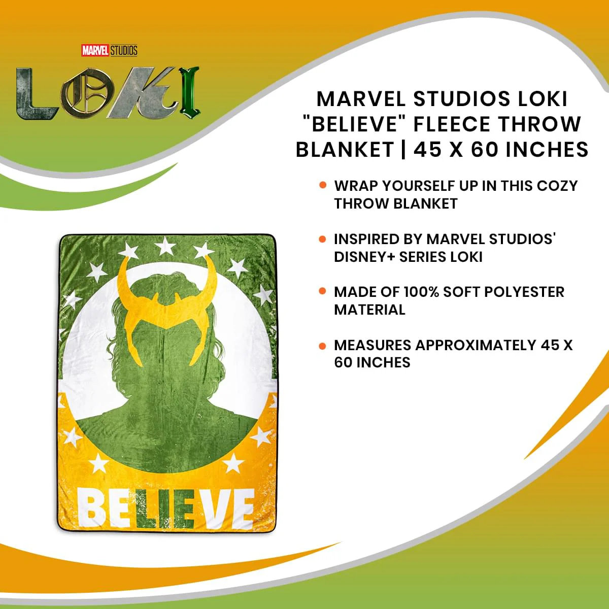 Marvel Studios Loki "Believe" Fleece Throw Blanket | 45 x 60 Inches - Image 7