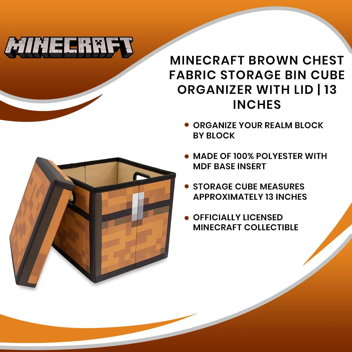 Minecraft Brown Chest Fabric Storage Bin Cube Organizer with Lid | 13 Inches - Image 7