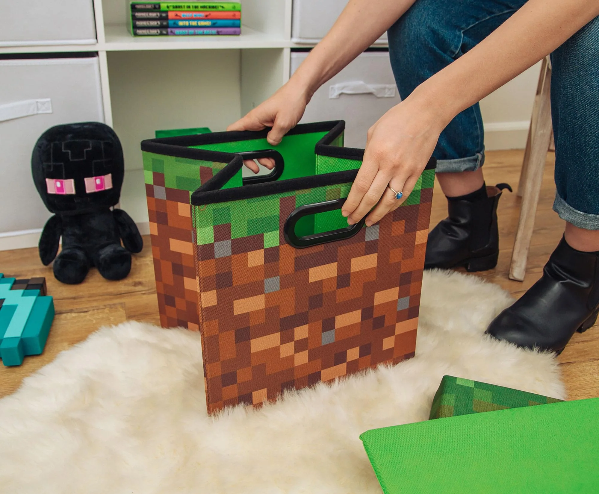 Minecraft Grassy Block Fabric Storage Bin Cube Organizer with Lid | 13 Inches - Image 3