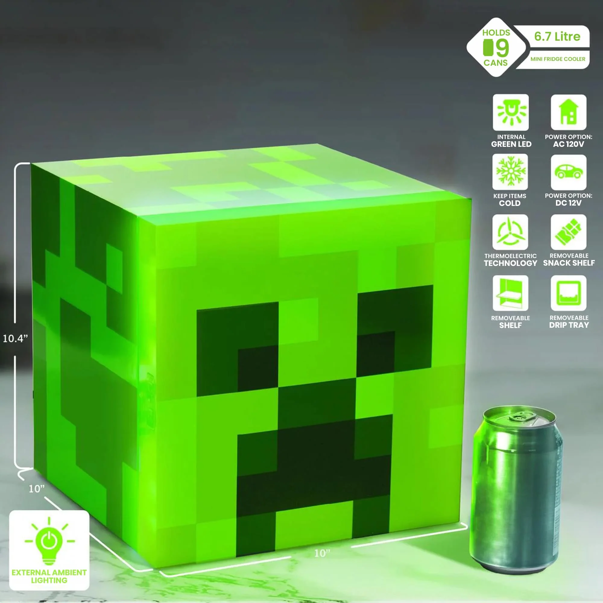 Minecraft Green Creeper 9 Can Mini Fridge 6.7L 10.4 x 10 x 10 - Image 2