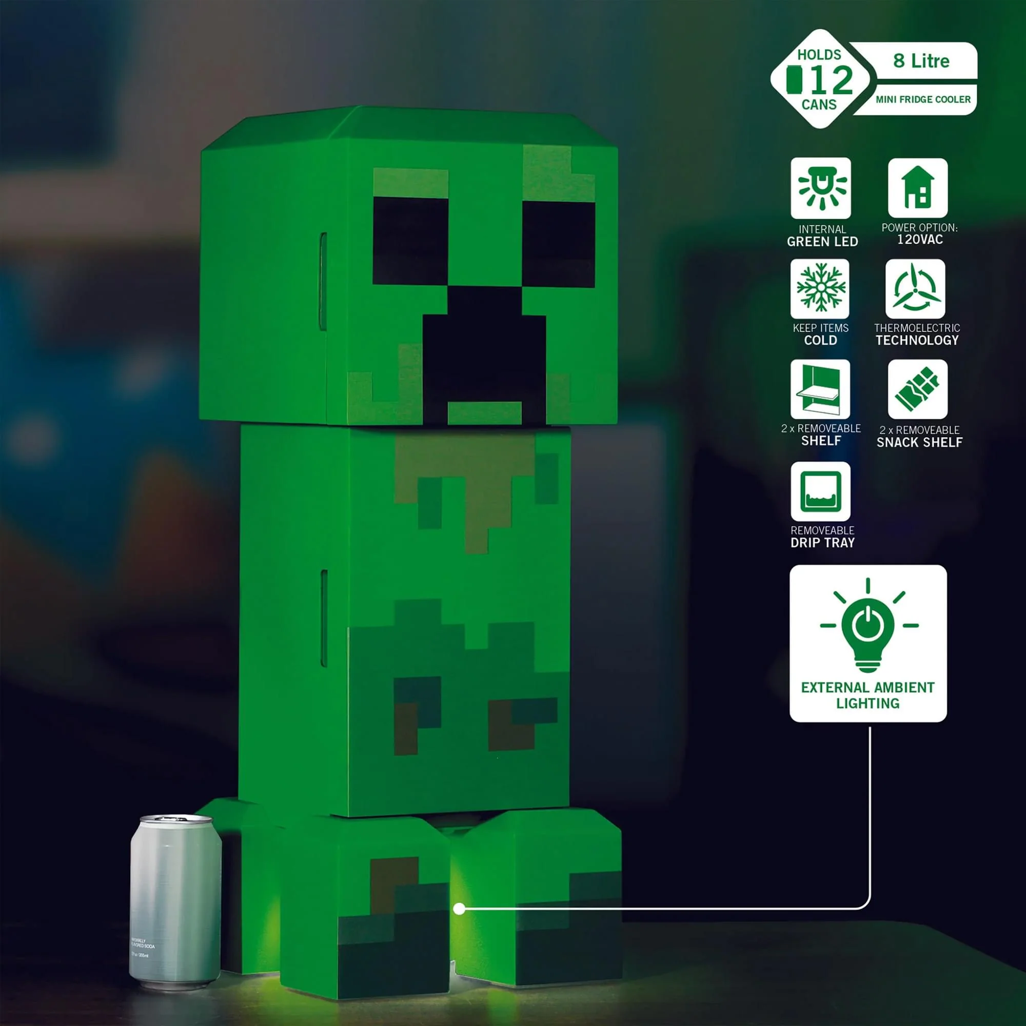 Minecraft Legends Creeper 8L Thermoelectric Cooler | Holds 12 Soda Cans - Image 3