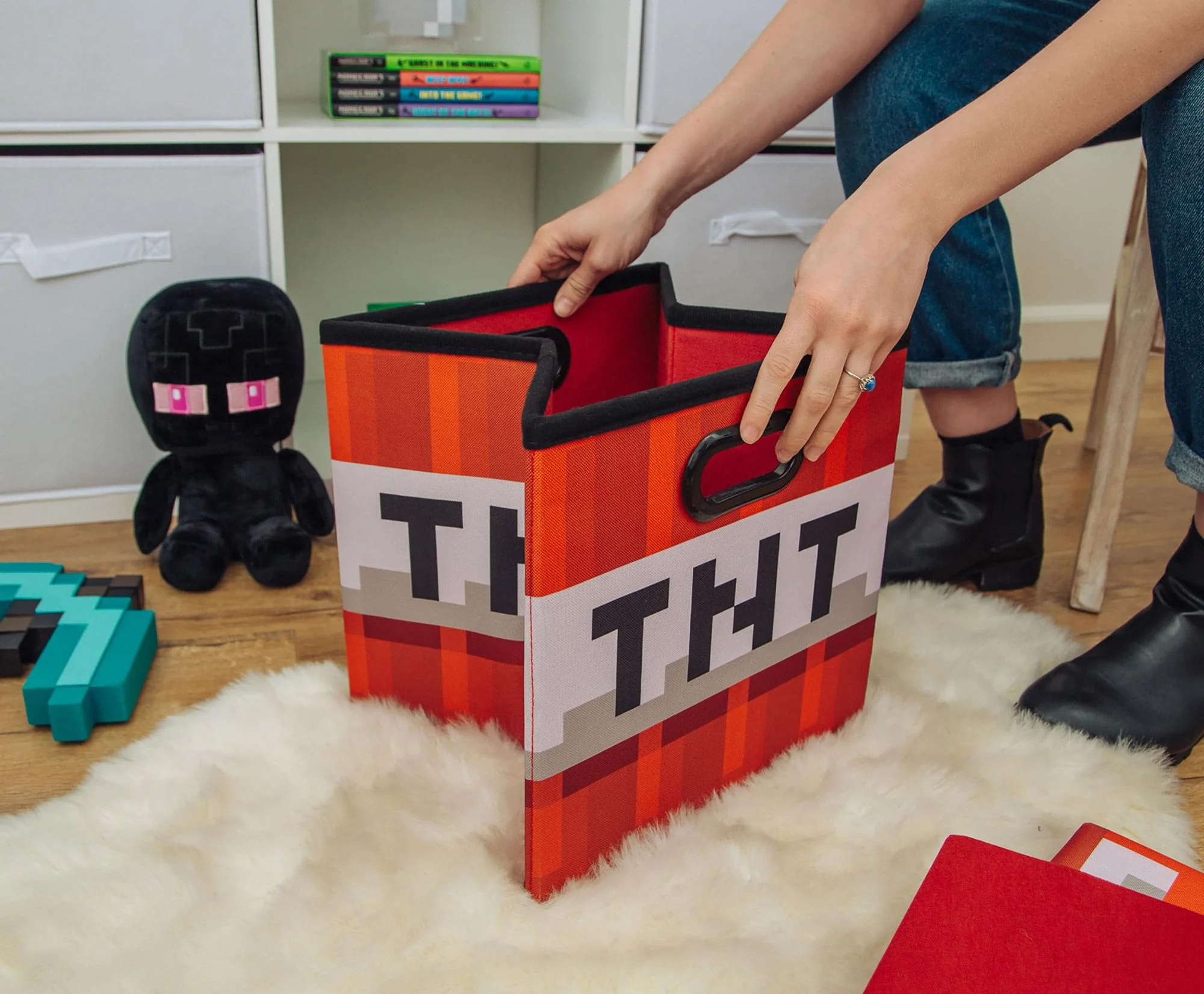 Minecraft TNT Block Fabric Storage Bin Cube Organizer with Lid | 13 Inches - Image 3