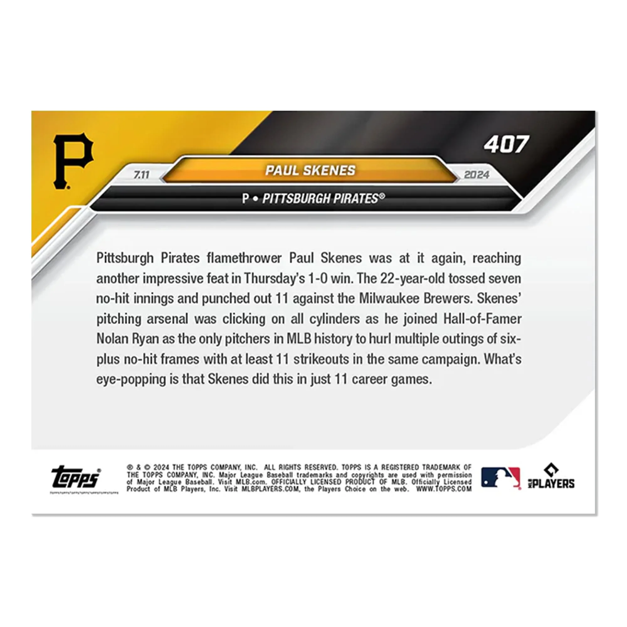 MLB 2024 TOPPS NOW Trading Card 407 | Paul Skenes - Image 2