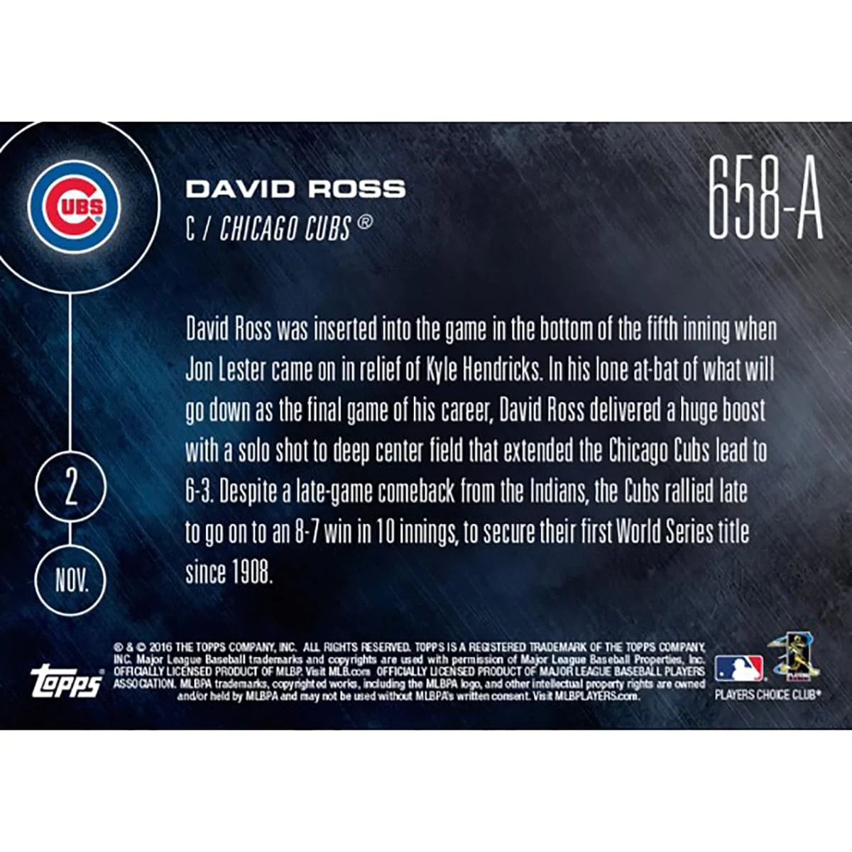 MLB Chicago Cubs David Ross #658 2016 Topps NOW Trading Card - Image 2
