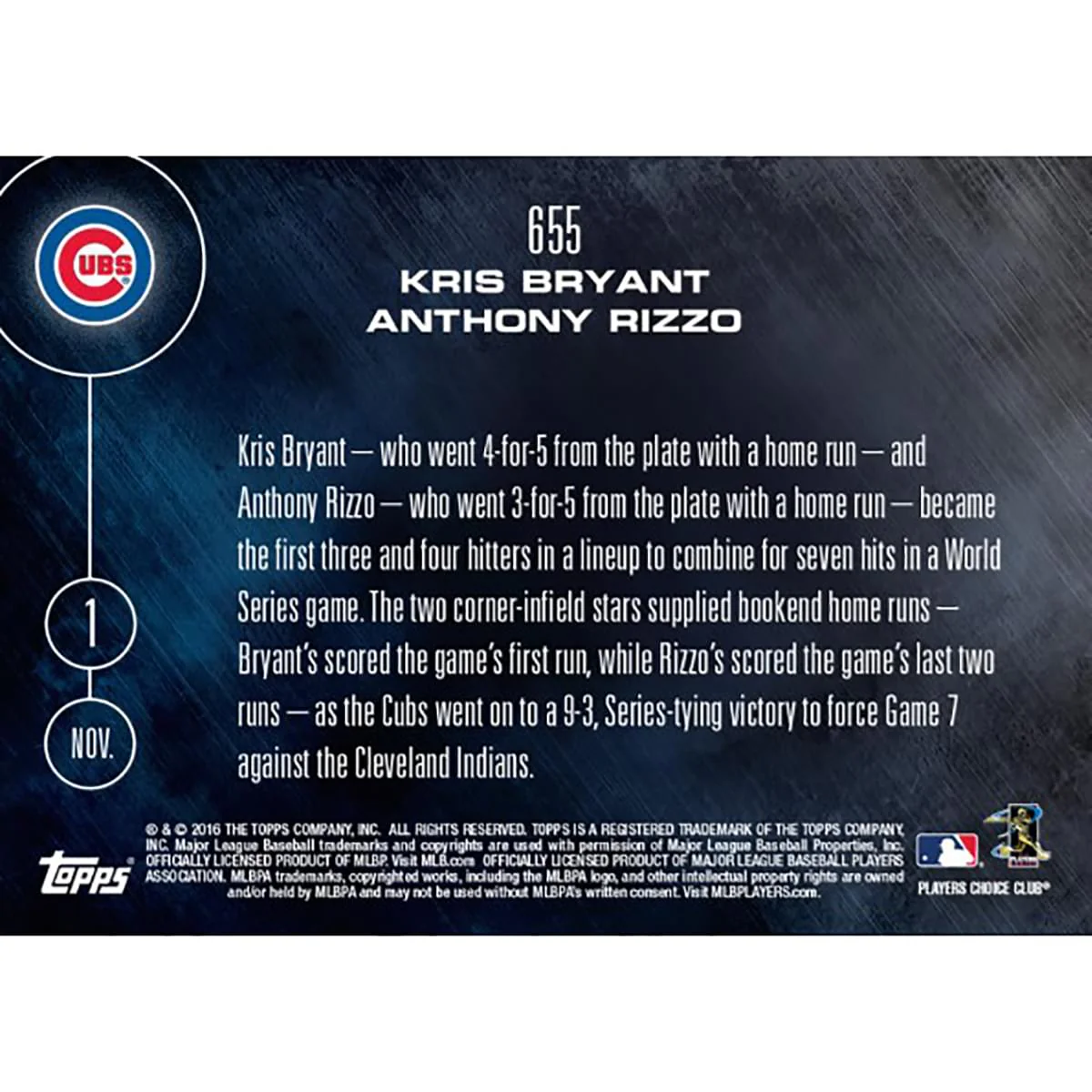 MLB Chicago Cubs Kris Bryant/ Anthony Rizzo #655 2016 Topps NOW Trading Card - Image 2