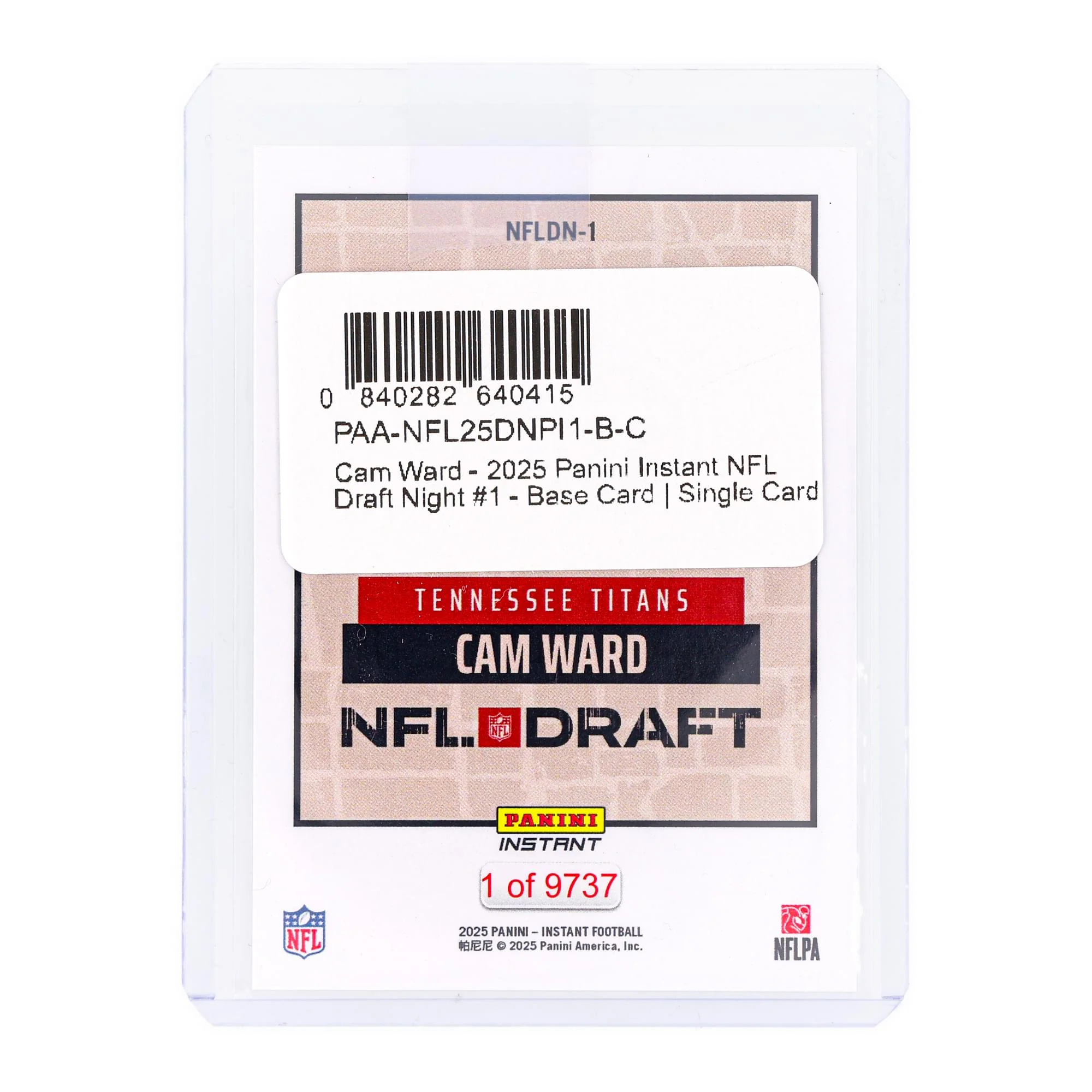 NFL 2025 Panini Instant NFL Draft Night #1 Base Card |Cam Ward - Image 2