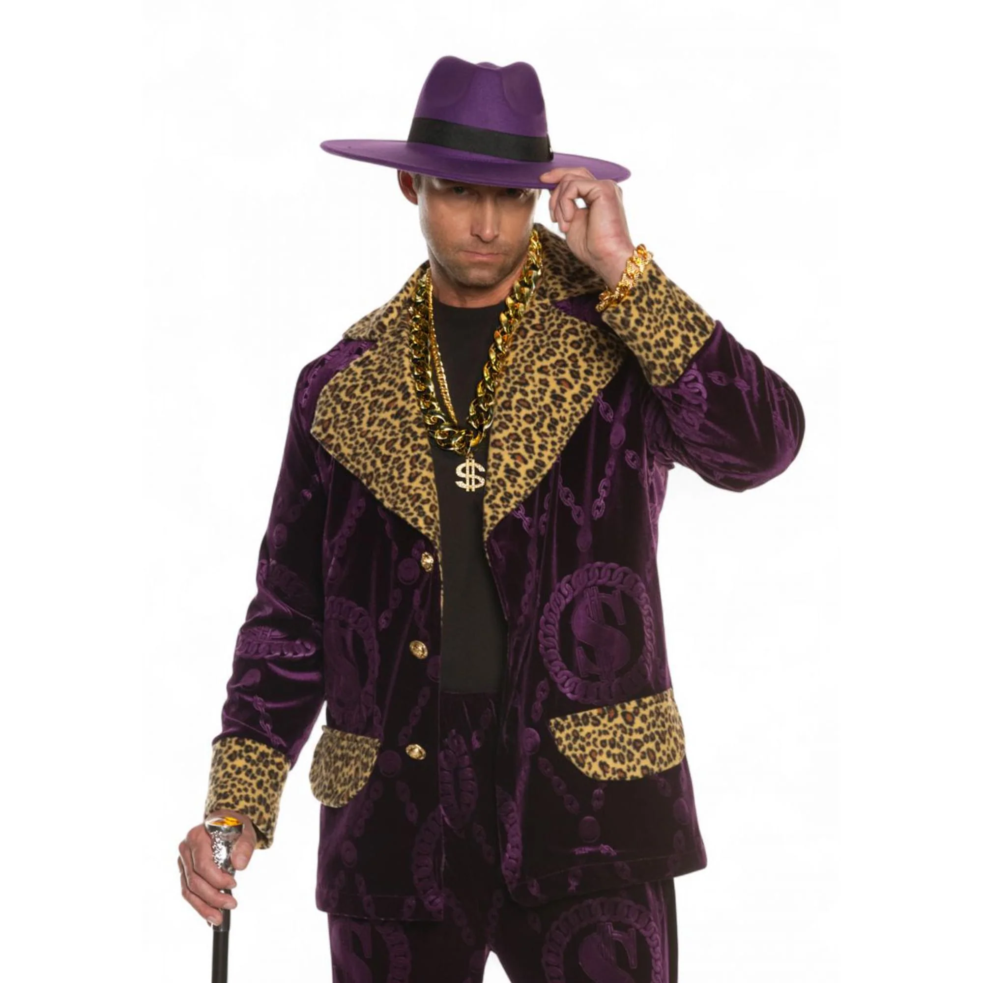 Pimp 4-Piece Adult Costume Accessory Kit | Purple Hat & Chains - Image 2