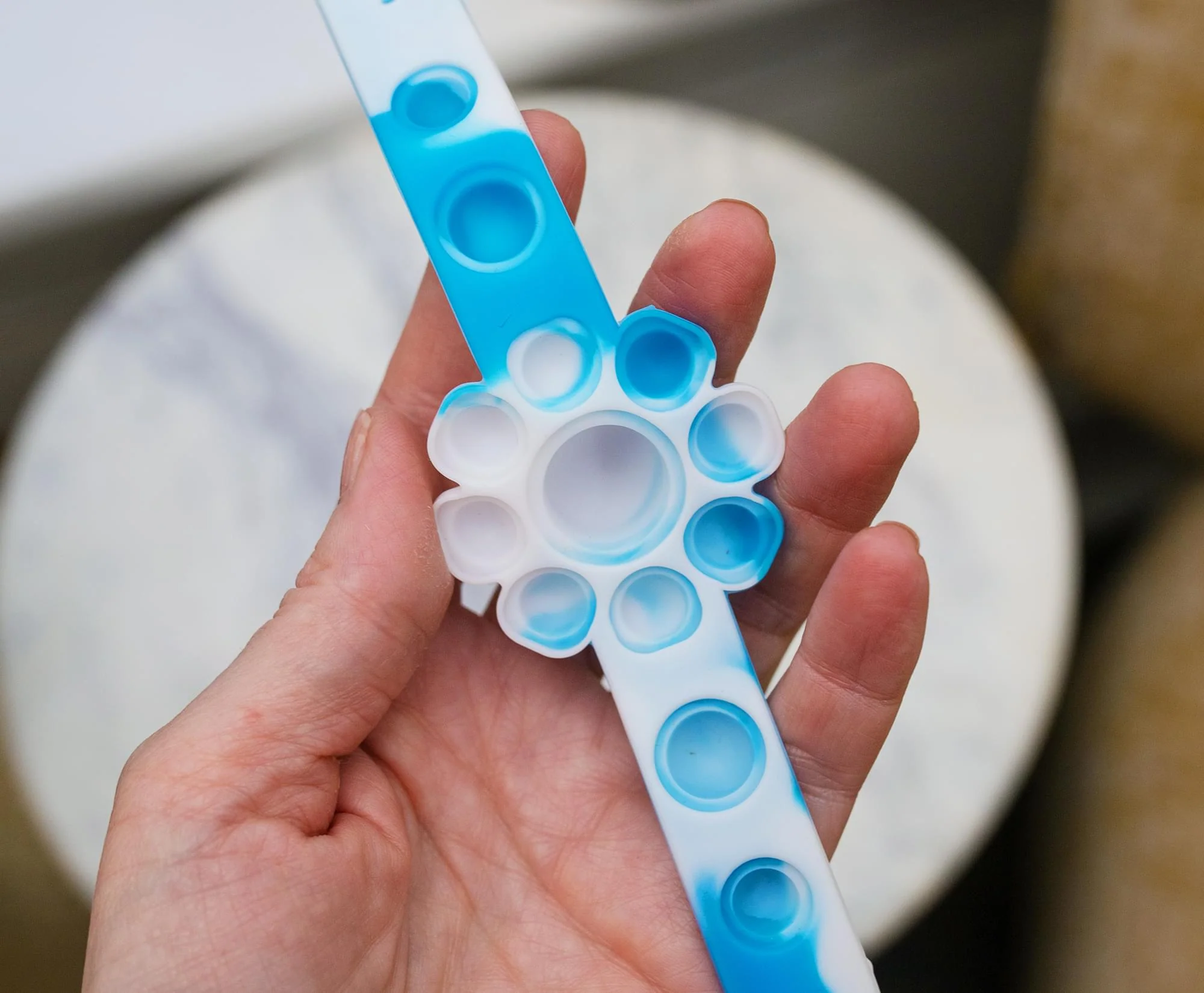 Pop Fidget Toy 13-Button Blue and White Flower Bracelet Accessory - Image 6