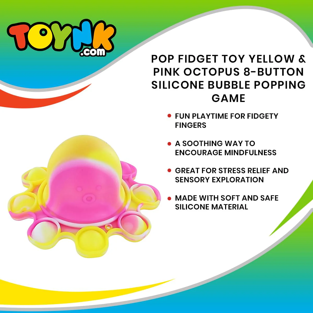 Pop Fidget Toy Yellow & Pink Octopus 8-Button Silicone Bubble Popping Game - Image 7