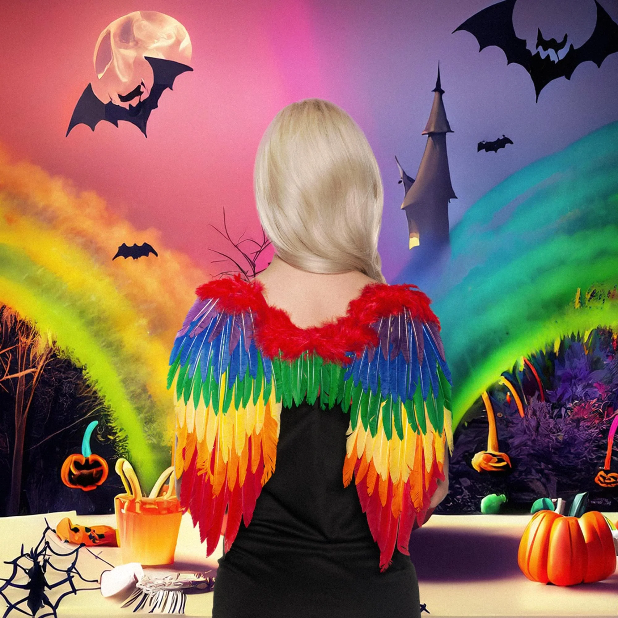 Rainbow Feathered Wings Adult Costume Accessory - Image 2