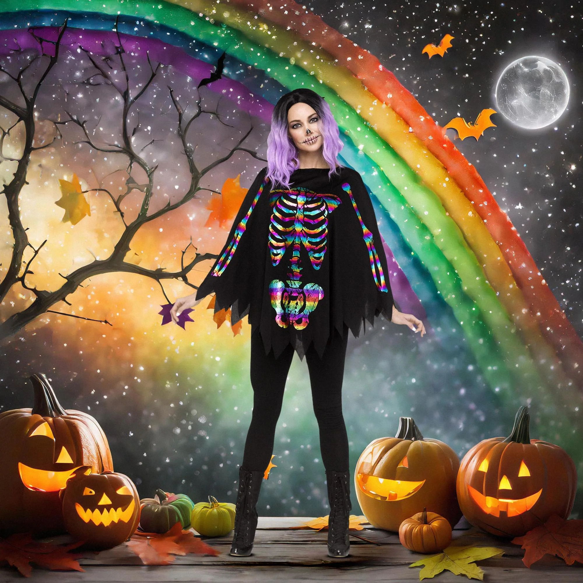Rainbow Skeleton Adult Costume Poncho | One Size Fits Most - Image 2