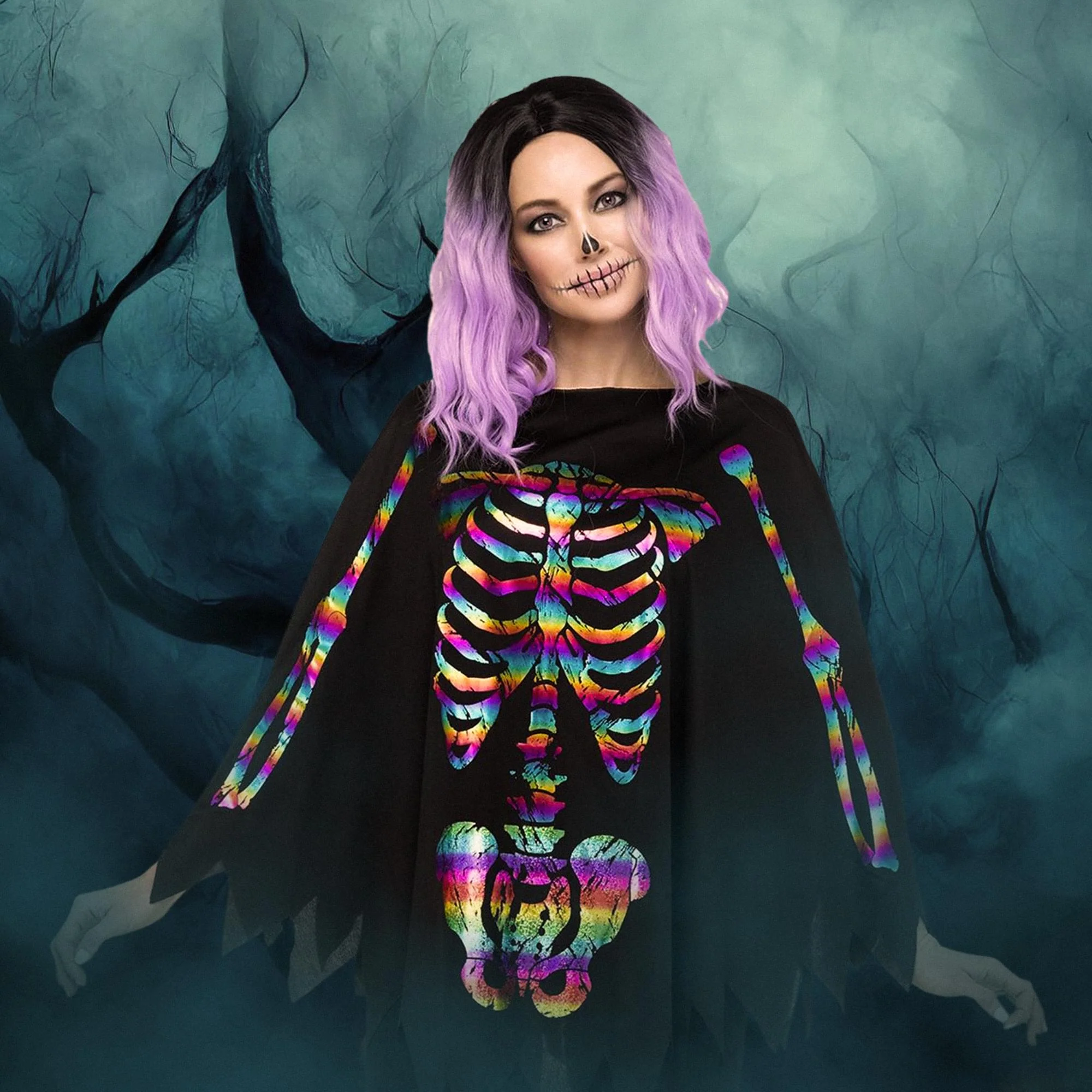 Rainbow Skeleton Adult Costume Poncho | One Size Fits Most - Image 3