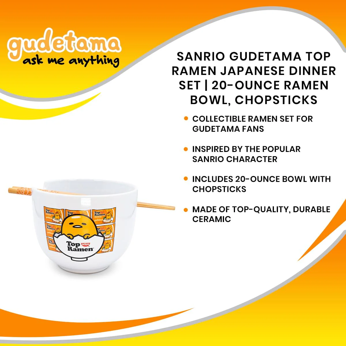 Sanrio Gudetama Top Ramen Japanese Dinner Set | 20-Ounce Ramen Bowl, Chopsticks - Image 7