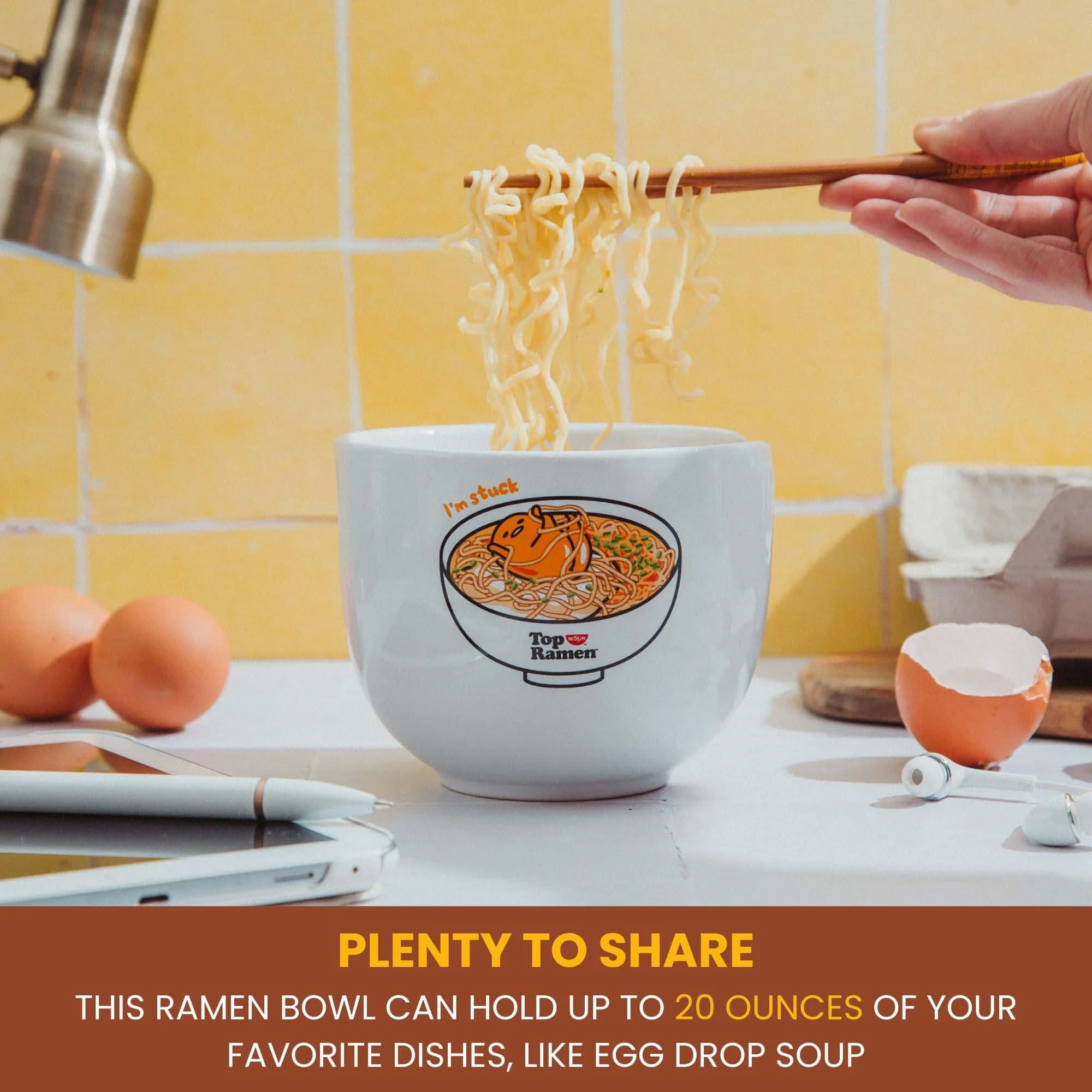 Sanrio Gudetama x Top Ramen "Dream Come True" Ramen Bowl and Chopstick Set - Image 6