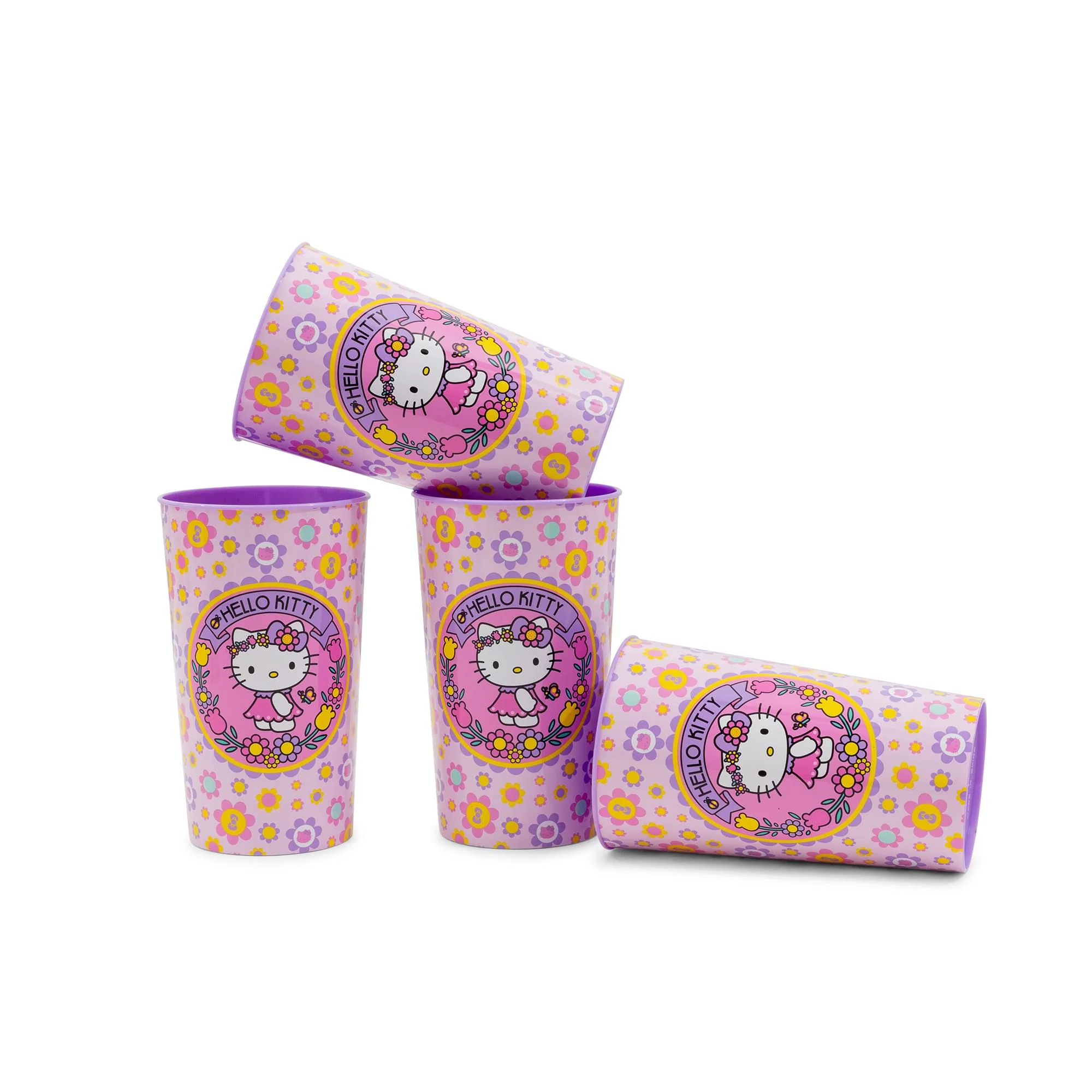 Sanrio Hello Kitty Flowers 4-Piece Plastic Cup Set | Each Holds 22 Ounces