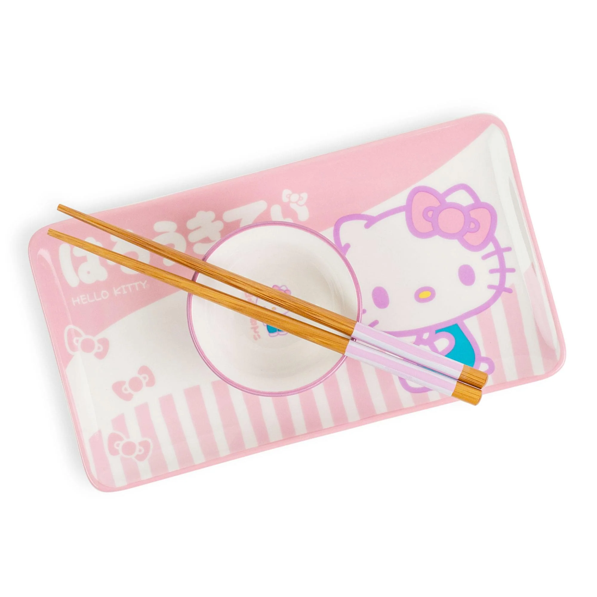 Sanrio Hello Kitty Pink 3-Piece Ceramic Sushi Set With Sauce Bowl and Chopsticks - Image 2