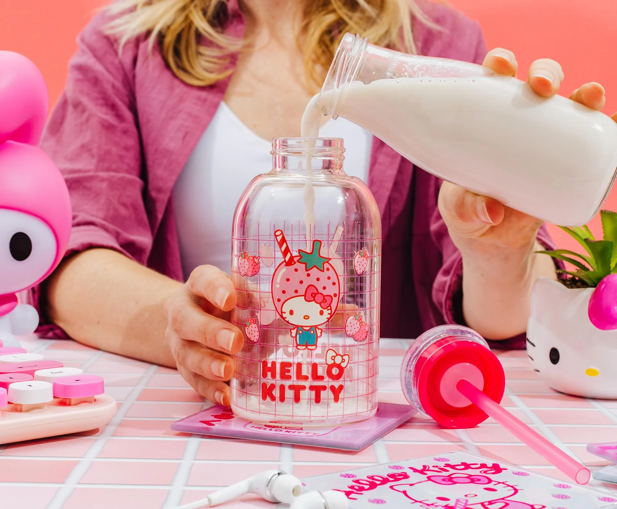 Sanrio Hello Kitty Pink Strawberry 15-Ounce Glass Milk Bottle With Straw - Image 5