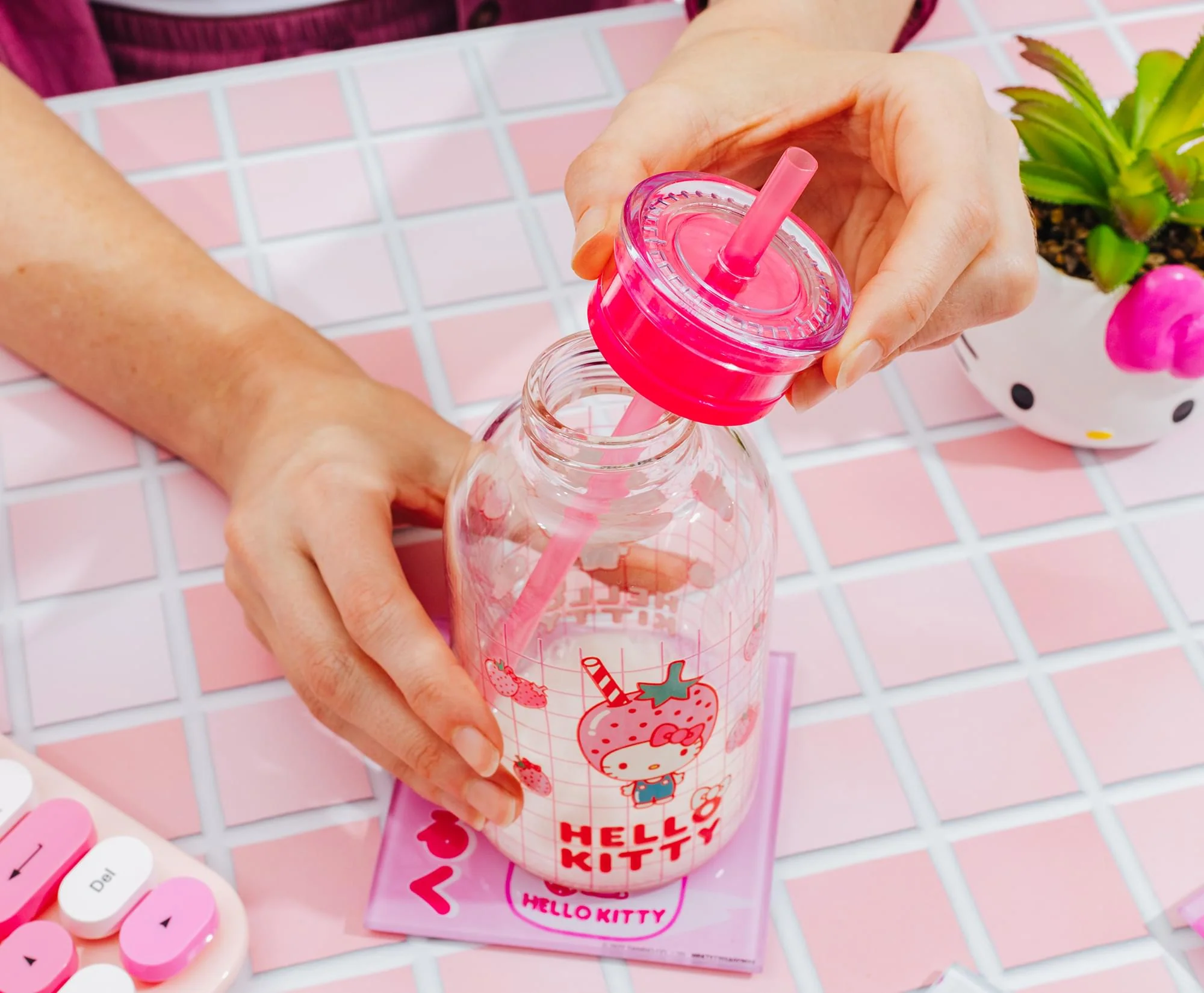 Sanrio Hello Kitty Pink Strawberry 15-Ounce Glass Milk Bottle With Straw - Image 6